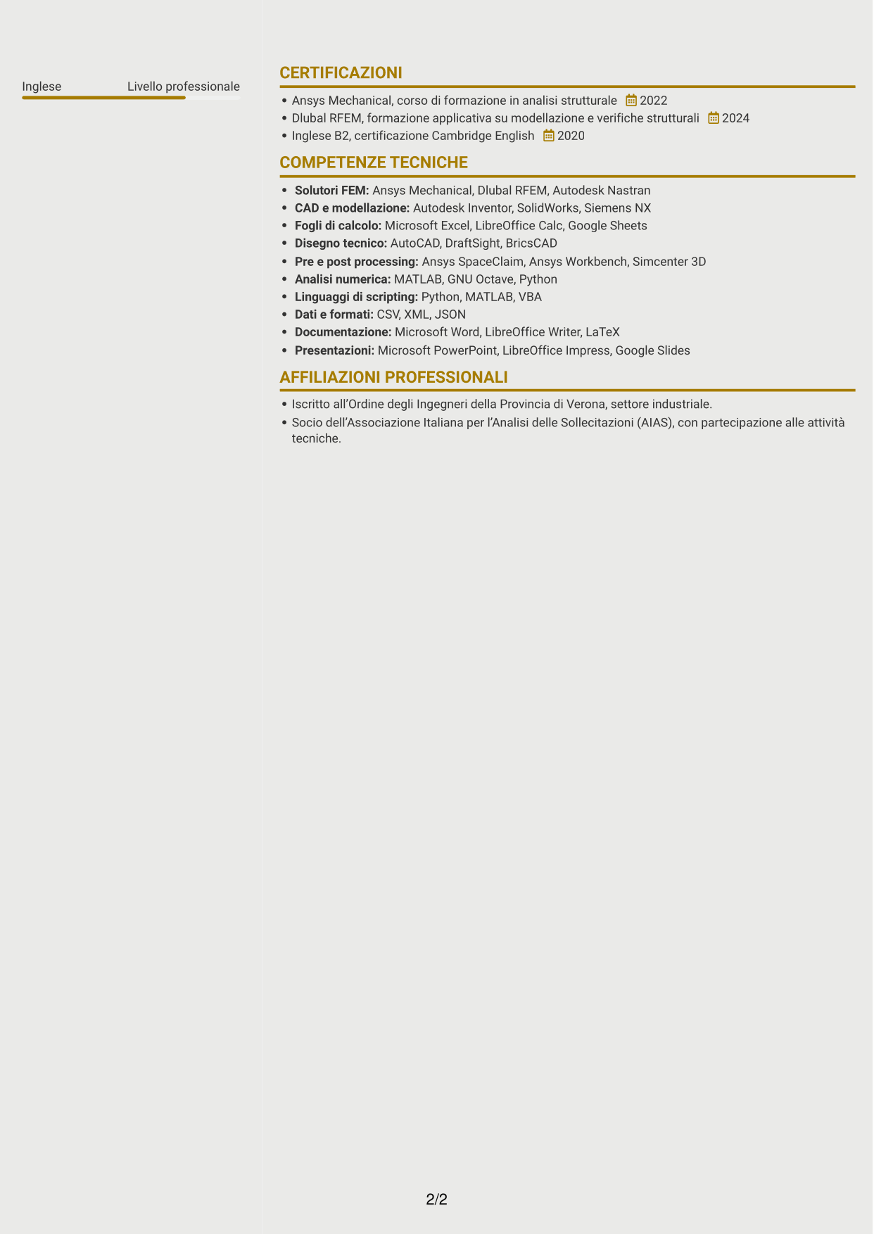 CV Dinamico (formato a due colonne con icone): Ingegnere strutturale - Specialista FEM, pagina 2