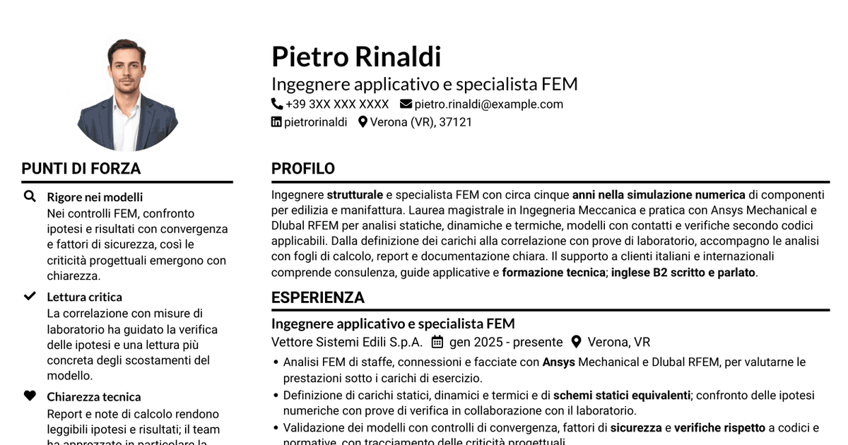 7 modelli di CV per Ingegnere strutturale - Specialista FEM, con esempi