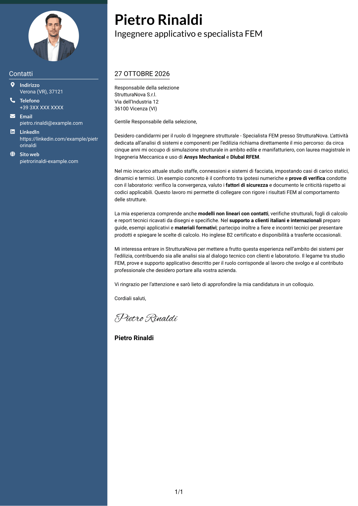 Lettera di presentazione Elegante (formato con colonna laterale colorata e foto): Ingegnere strutturale - Specialista FEM, pagina 1