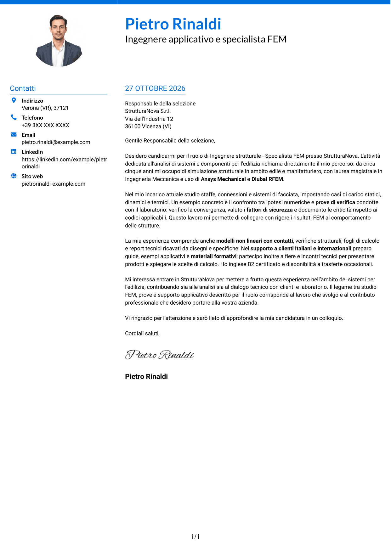 Lettera di presentazione Audace (formato a due colonne con accenti colorati e foto): Ingegnere strutturale - Specialista FEM, pagina 1