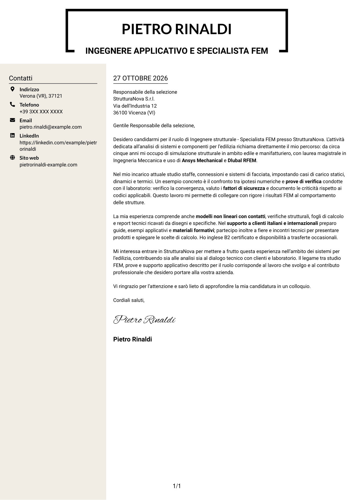 Lettera di presentazione Intraprendente (formato a due colonne con intestazione centrata senza foto): Ingegnere strutturale - Specialista FEM, pagina 1