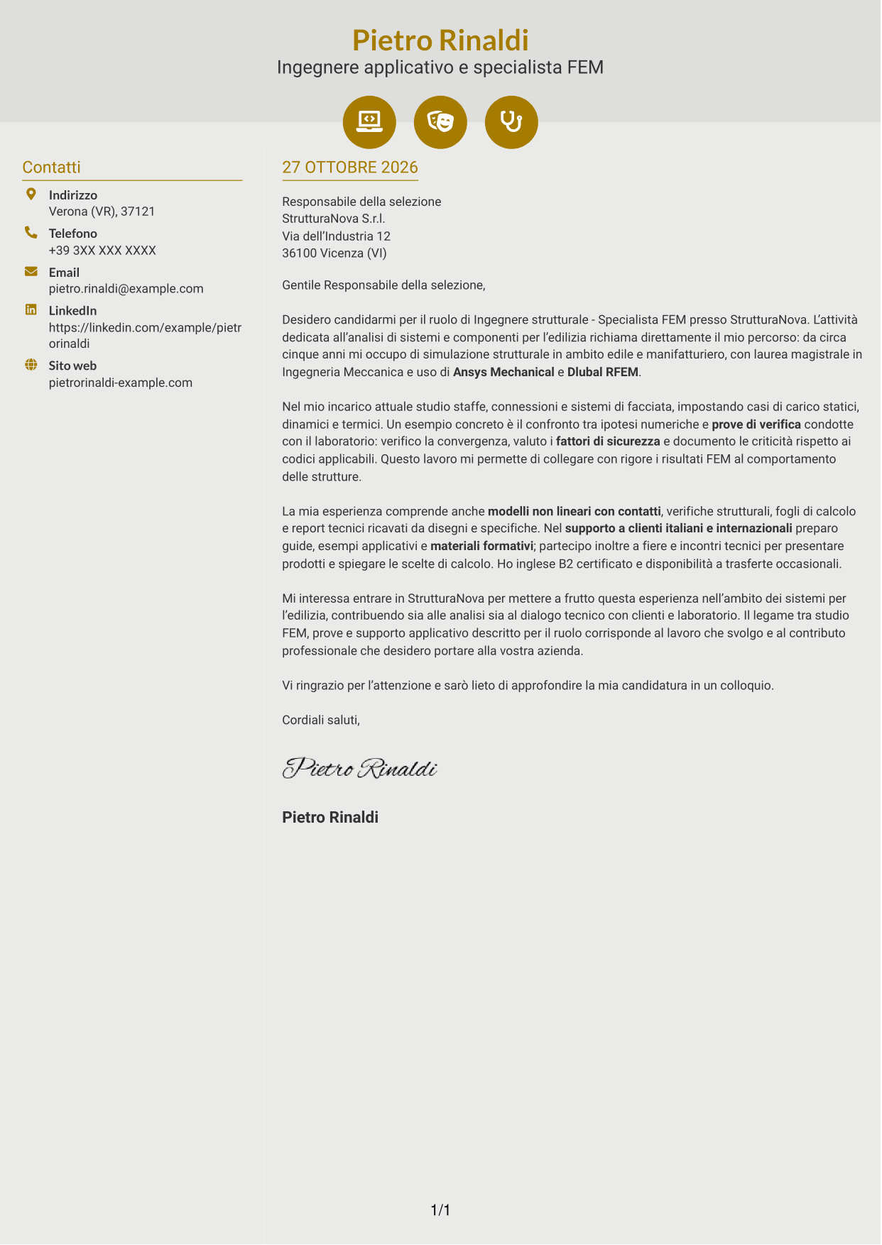 Lettera di presentazione Dinamico (formato a due colonne con icone): Ingegnere strutturale - Specialista FEM, pagina 1