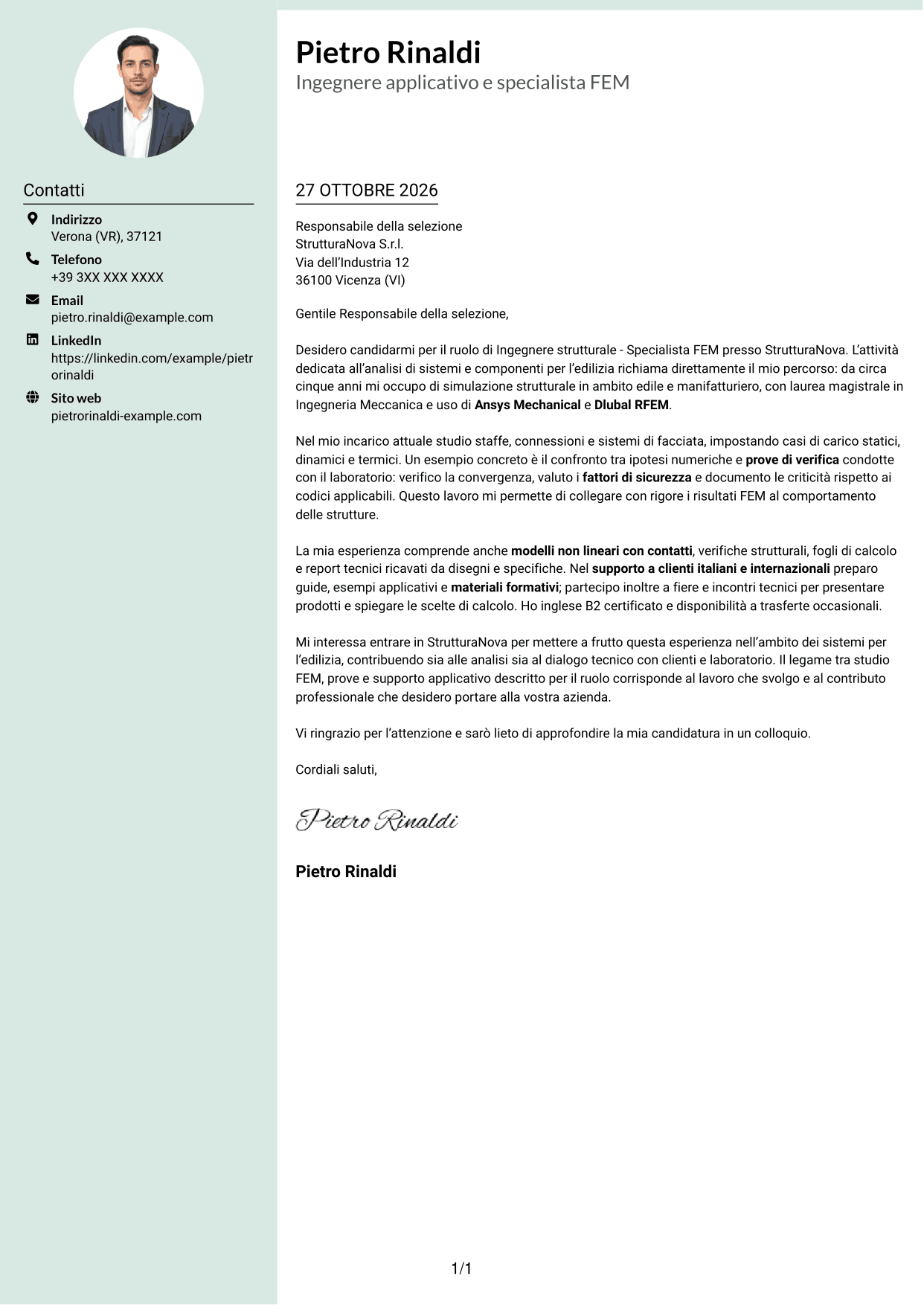 Lettera di presentazione Dirigente (formato con colonna laterale tenue e foto arrotondata): Ingegnere strutturale - Specialista FEM, pagina 1