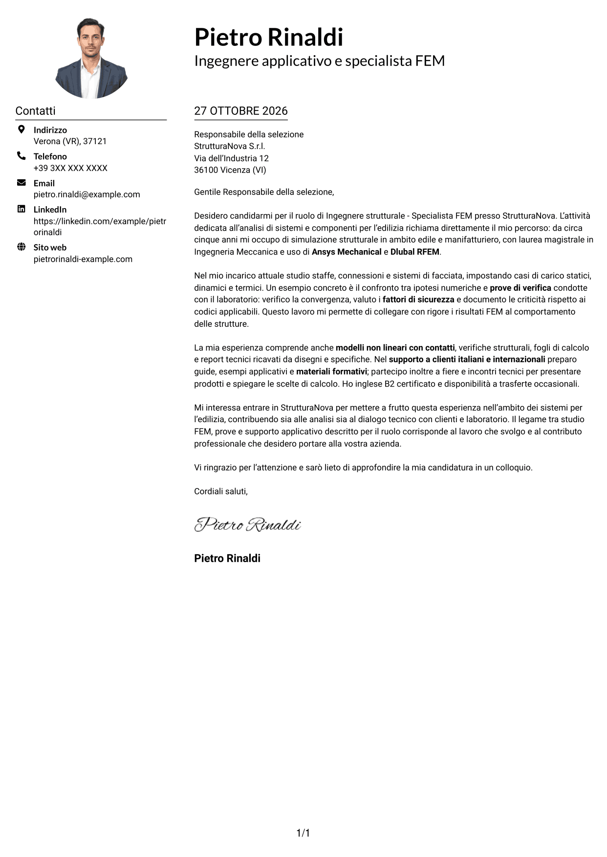 Esempio di lettera di presentazione — pagina 1