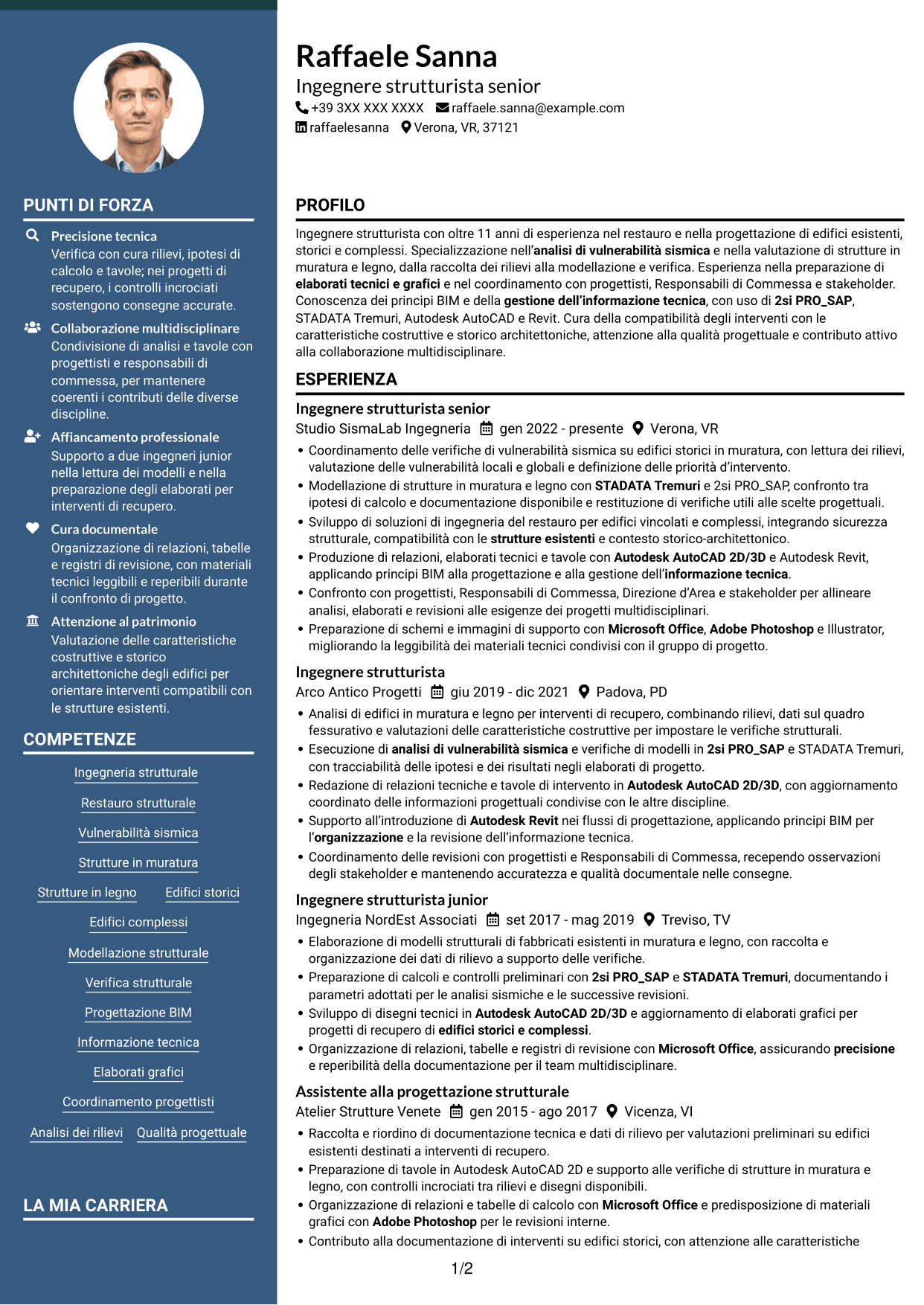 CV Elegante (formato con colonna laterale colorata e foto): Ingegnere strutturista - Restauro e vulnerabilità sismica, pagina 1