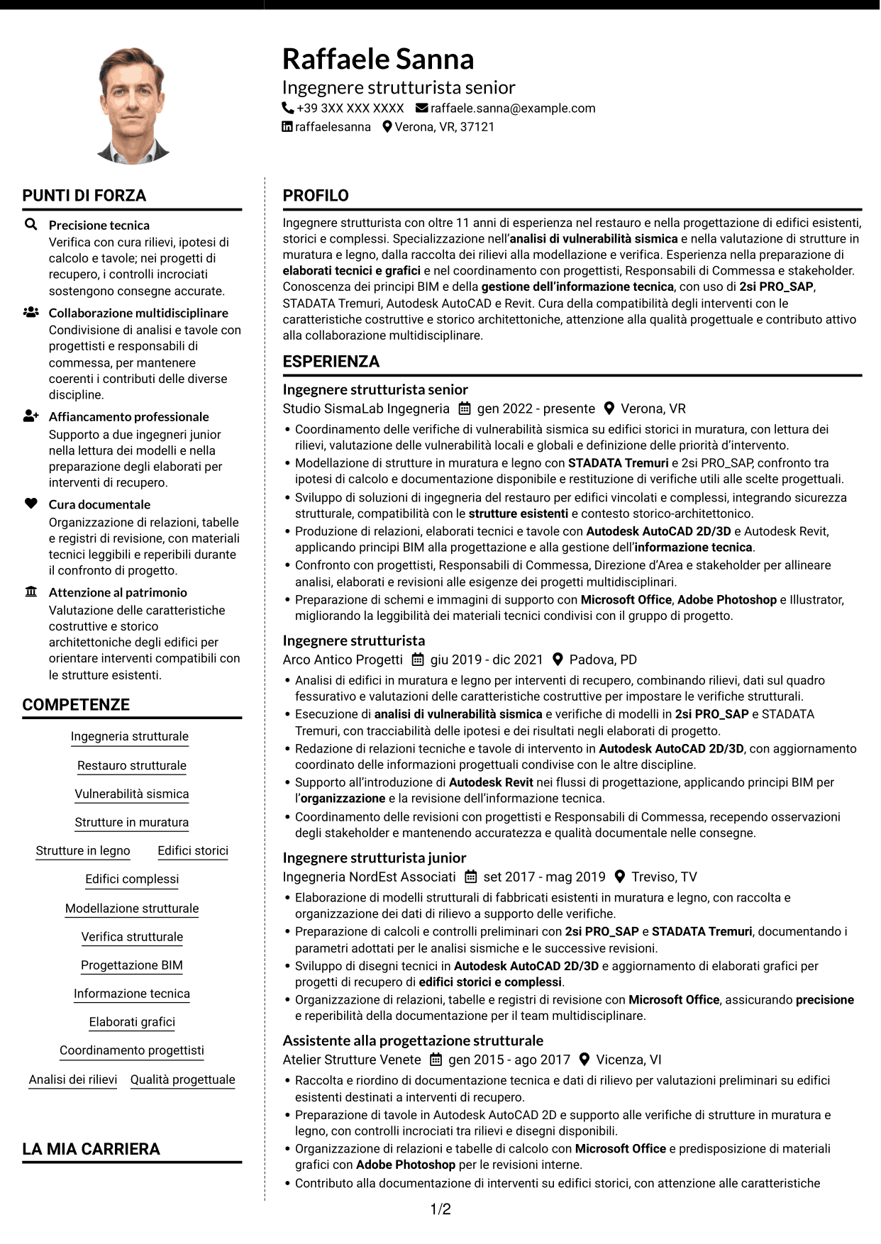 CV Moderno (formato a due colonne con foto a sinistra e separatore): Ingegnere strutturista - Restauro e vulnerabilità sismica, pagina 1