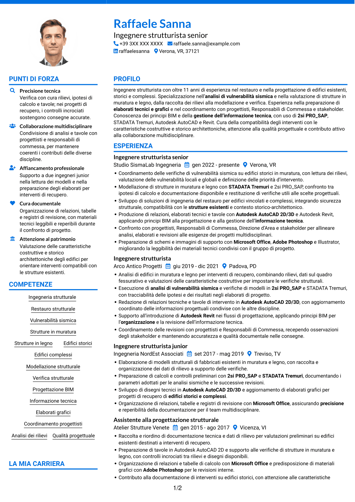 CV Audace (formato a due colonne con accenti colorati e foto): Ingegnere strutturista - Restauro e vulnerabilità sismica, pagina 1