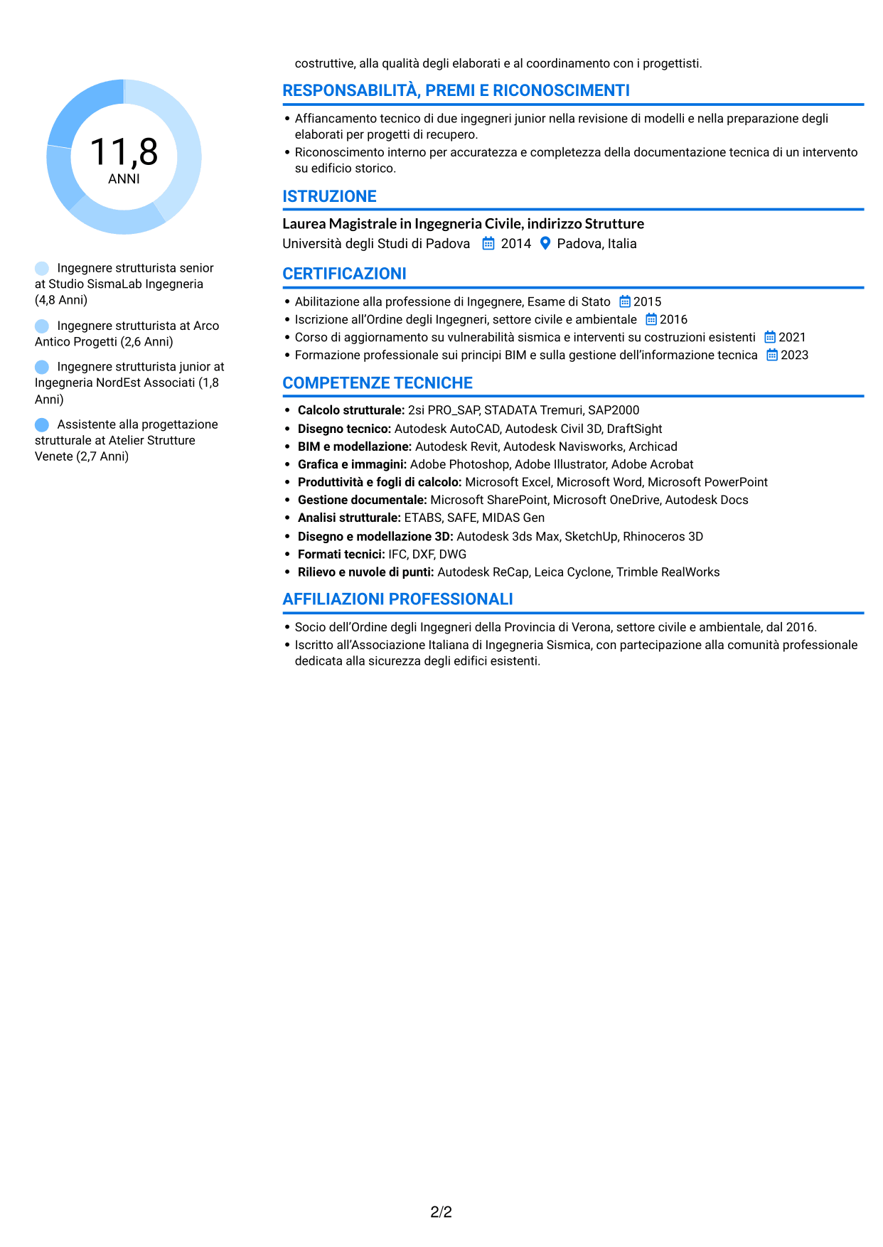 CV Audace (formato a due colonne con accenti colorati e foto): Ingegnere strutturista - Restauro e vulnerabilità sismica, pagina 2