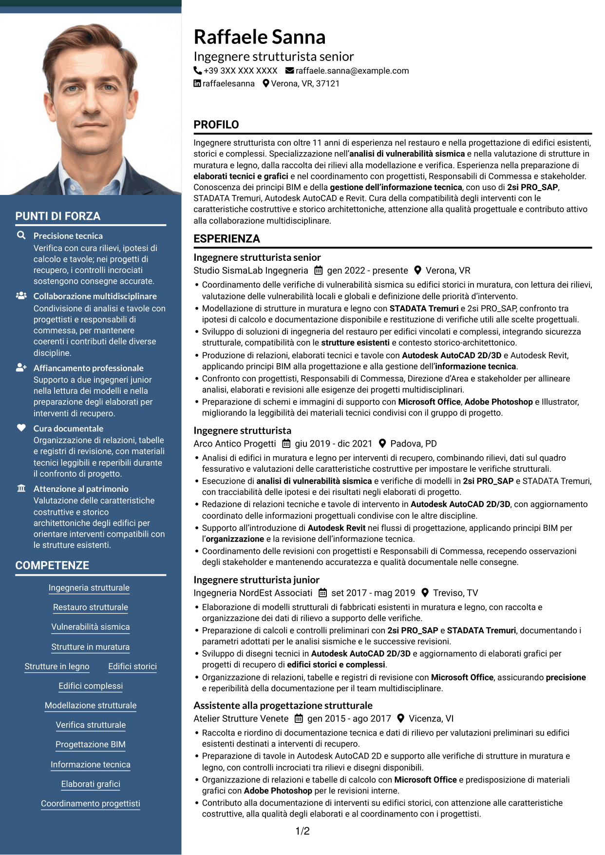 CV Signature (formato con colonna laterale colorata e foto grande): Ingegnere strutturista - Restauro e vulnerabilità sismica, pagina 1
