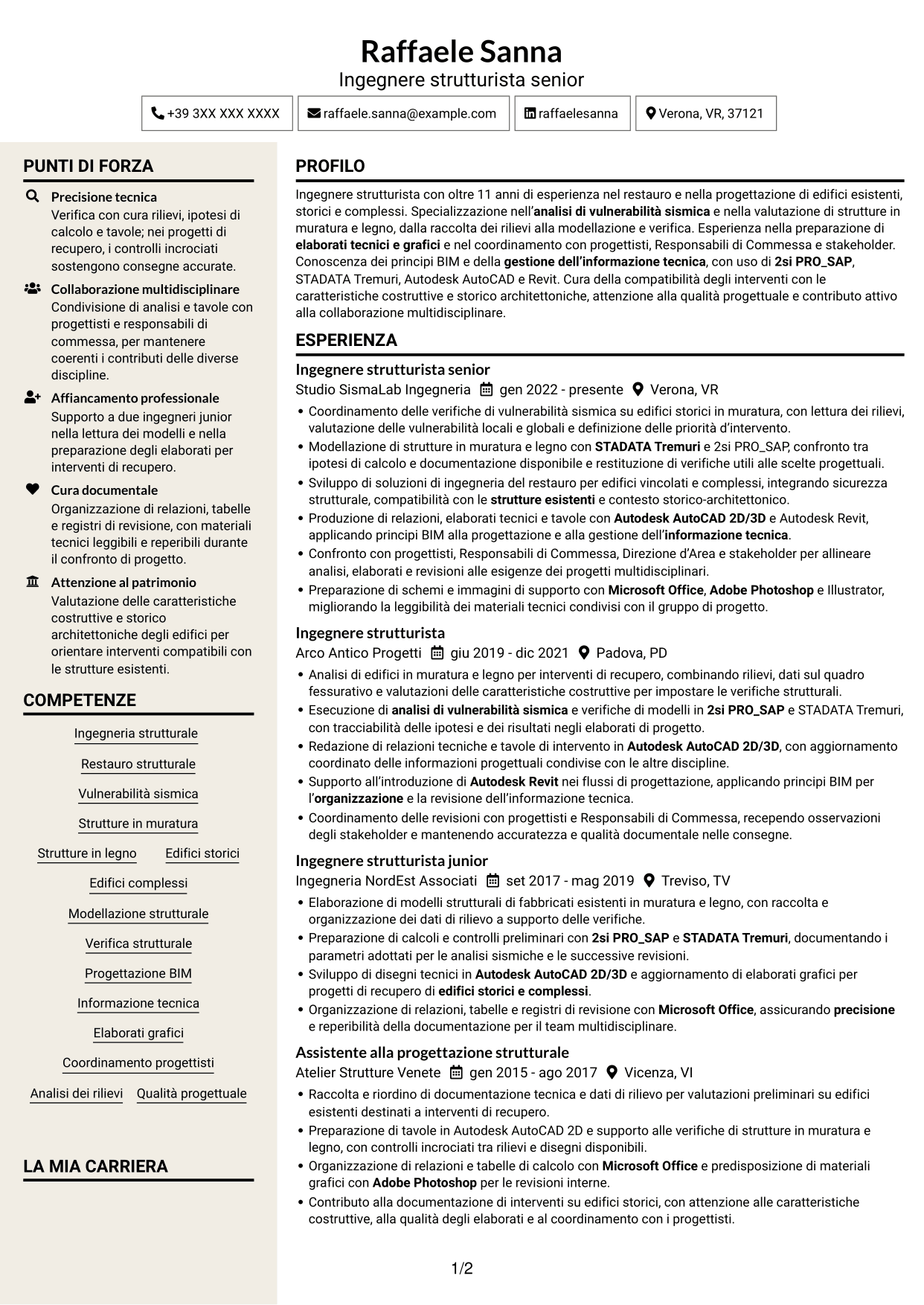 CV Intraprendente (formato a due colonne con intestazione centrata senza foto): Ingegnere strutturista - Restauro e vulnerabilità sismica, pagina 1