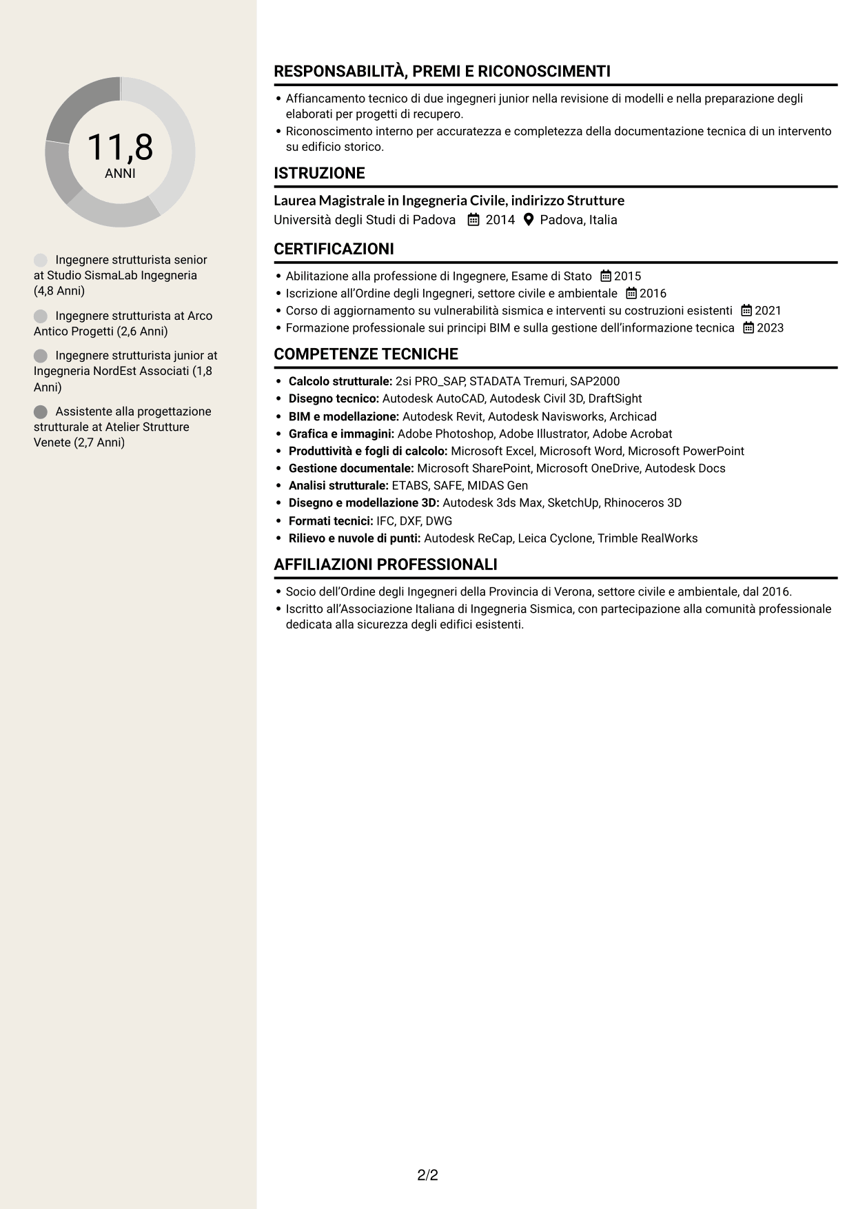 CV Intraprendente (formato a due colonne con intestazione centrata senza foto): Ingegnere strutturista - Restauro e vulnerabilità sismica, pagina 2