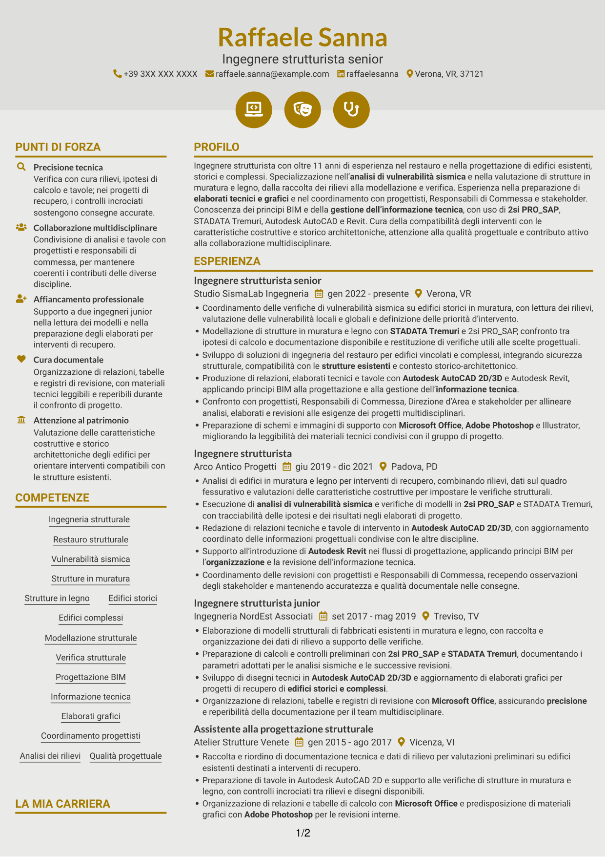 CV Dinamico (formato a due colonne con icone): Ingegnere strutturista - Restauro e vulnerabilità sismica, pagina 1