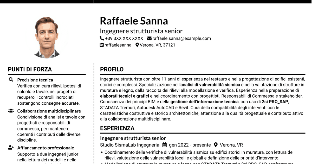 7 modelli di CV per Ingegnere strutturista - Restauro e vulnerabilità sismica, con esempi