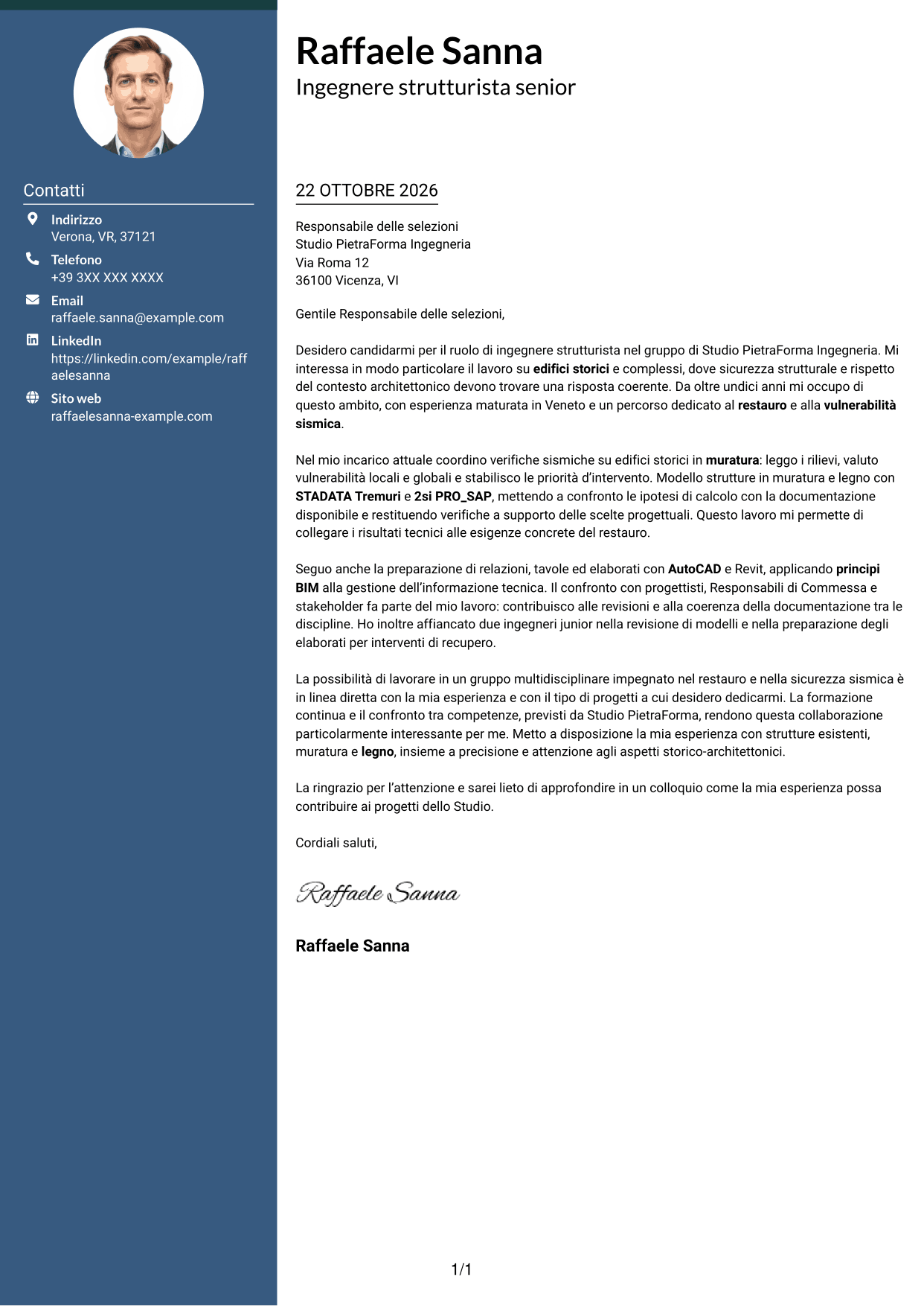 Lettera di presentazione Elegante (formato con colonna laterale colorata e foto): Ingegnere strutturista - Restauro e vulnerabilità sismica, pagina 1