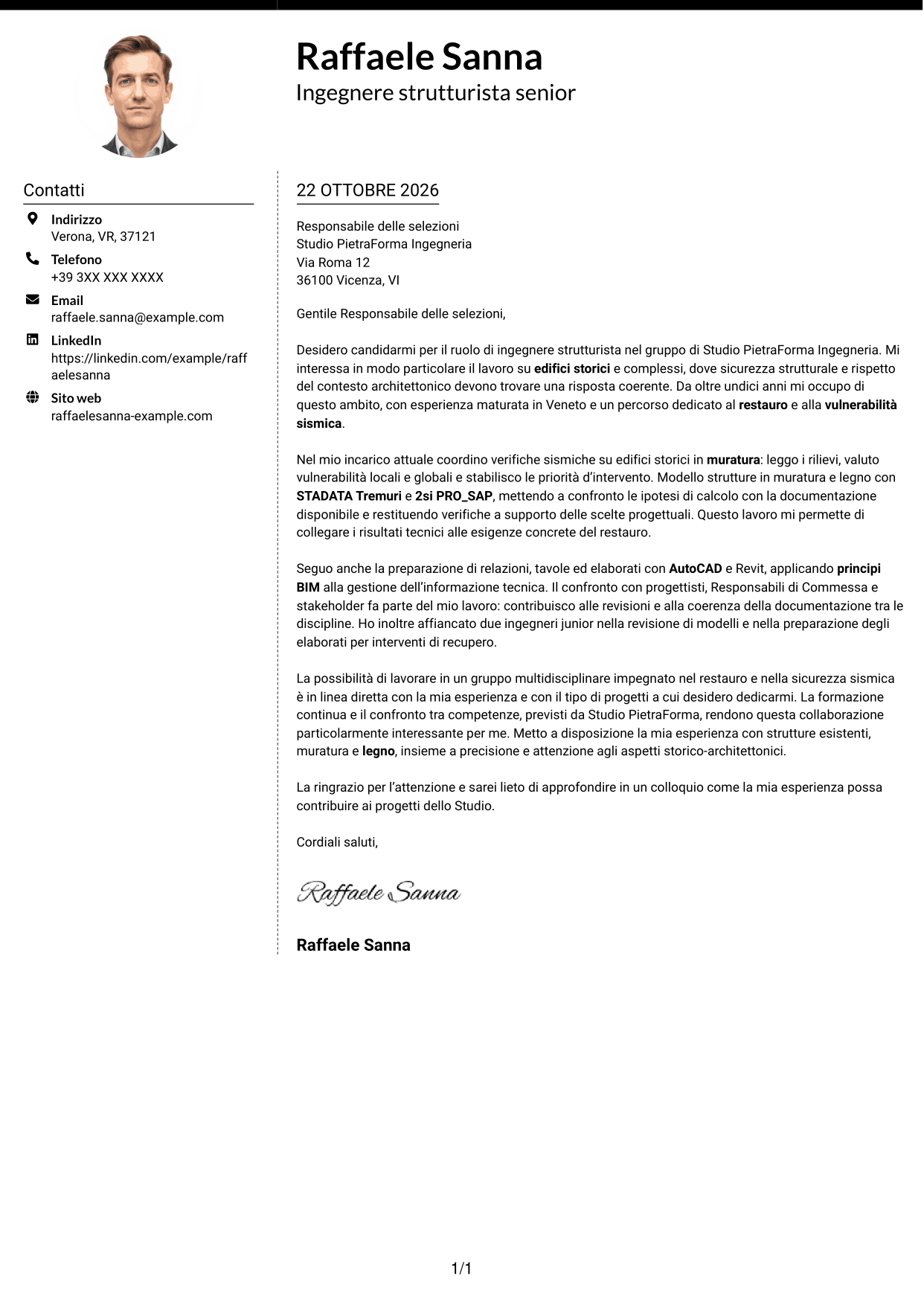 Lettera di presentazione Moderno (formato a due colonne con foto a sinistra e separatore): Ingegnere strutturista - Restauro e vulnerabilità sismica, pagina 1
