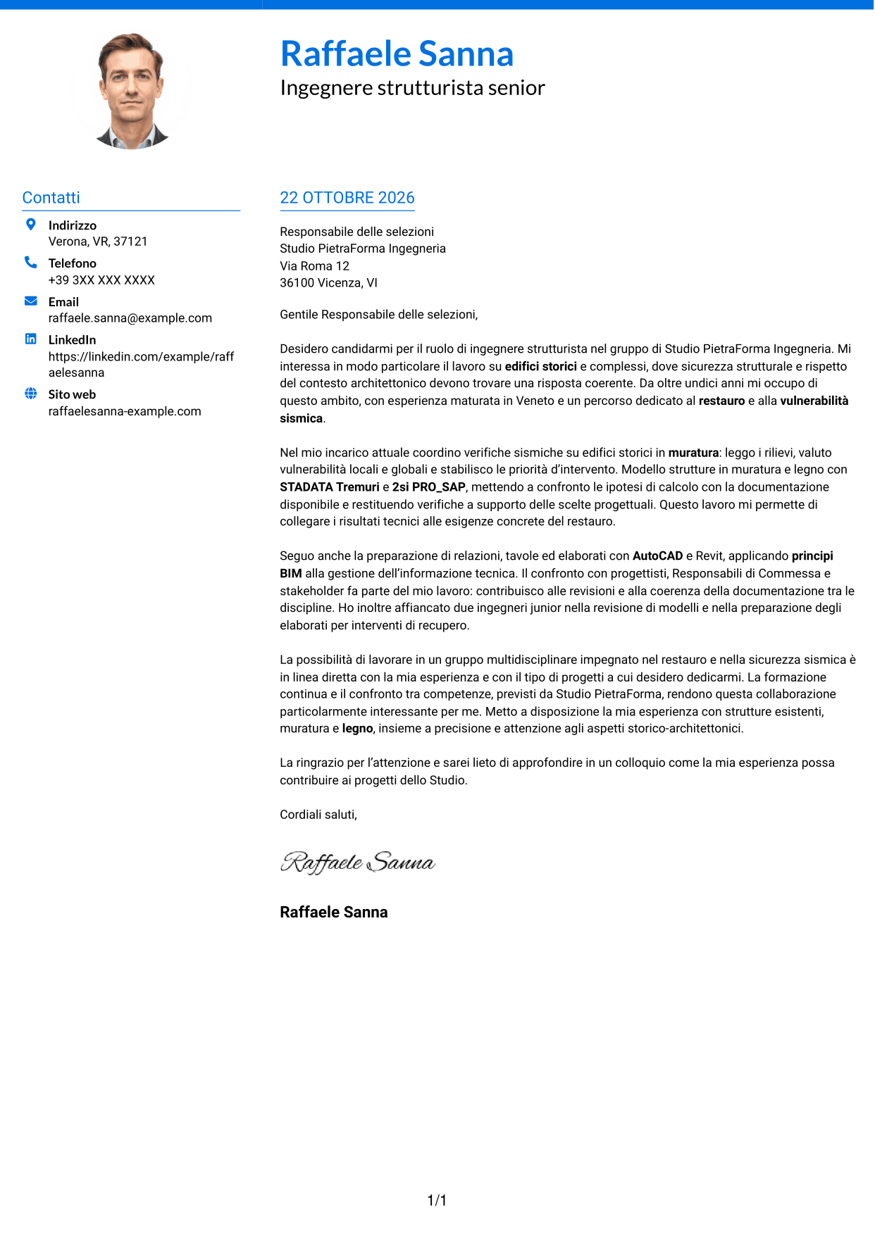 Lettera di presentazione Audace (formato a due colonne con accenti colorati e foto): Ingegnere strutturista - Restauro e vulnerabilità sismica, pagina 1