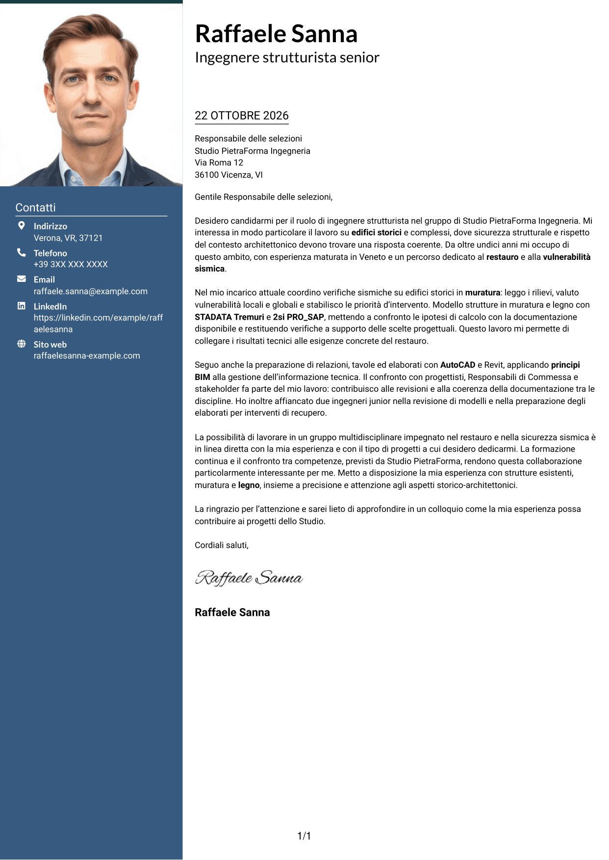 Lettera di presentazione Signature (formato con colonna laterale colorata e foto grande): Ingegnere strutturista - Restauro e vulnerabilità sismica, pagina 1