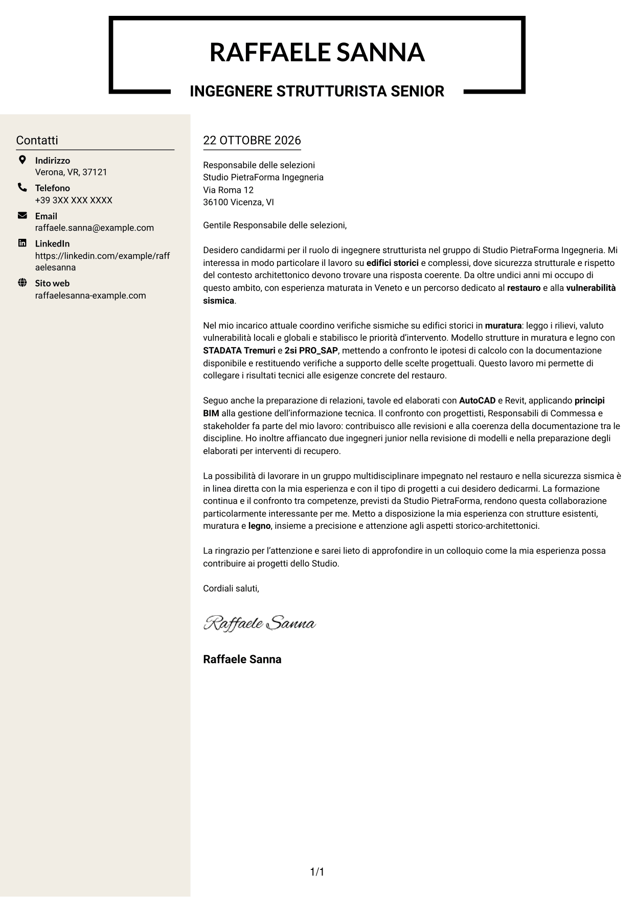 Lettera di presentazione Intraprendente (formato a due colonne con intestazione centrata senza foto): Ingegnere strutturista - Restauro e vulnerabilità sismica, pagina 1