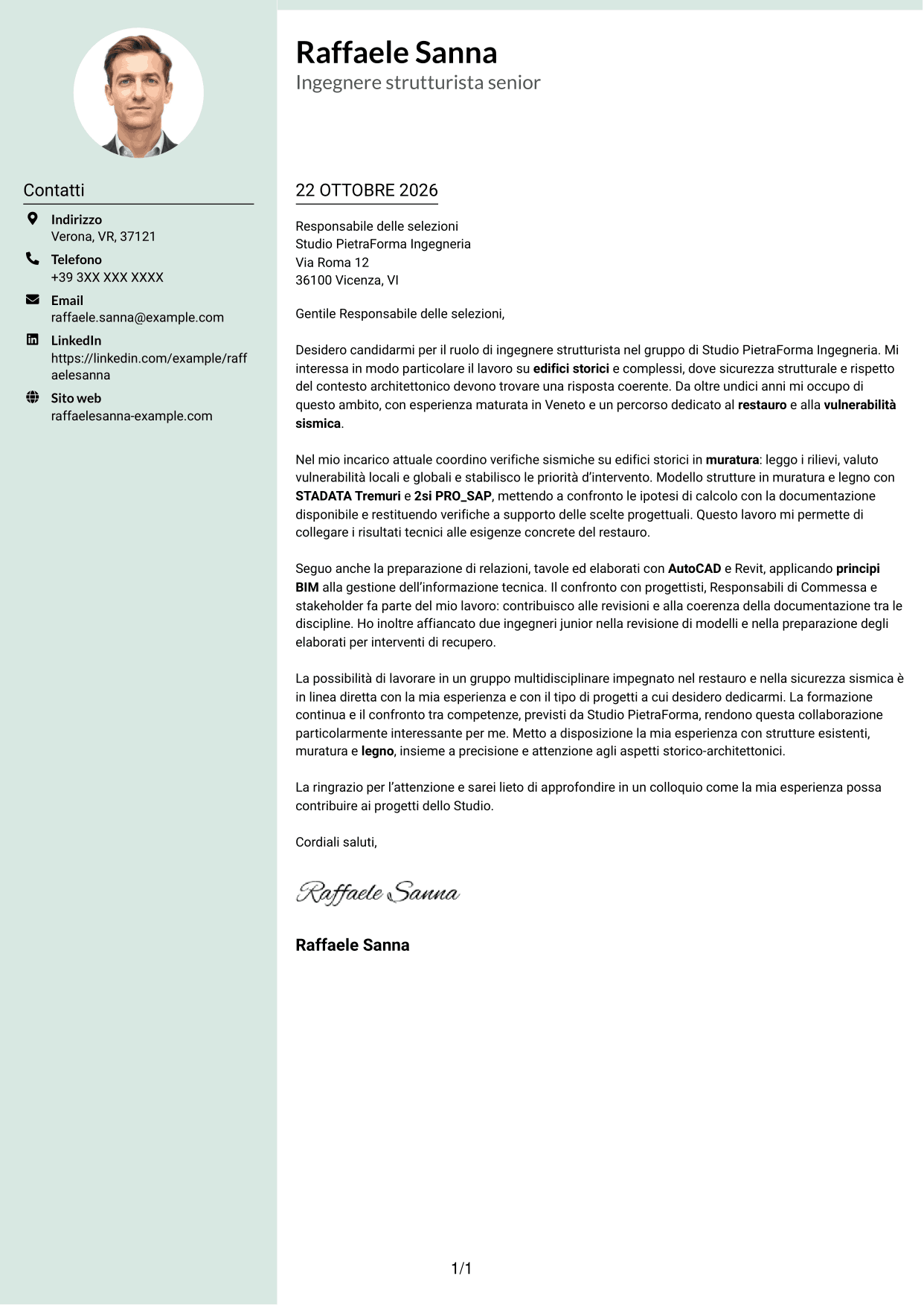 Lettera di presentazione Dirigente (formato con colonna laterale tenue e foto arrotondata): Ingegnere strutturista - Restauro e vulnerabilità sismica, pagina 1