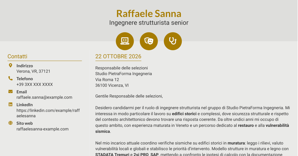 7 modelli di lettera di presentazione per Ingegnere strutturista - Restauro e vulnerabilità sismica, con esempi