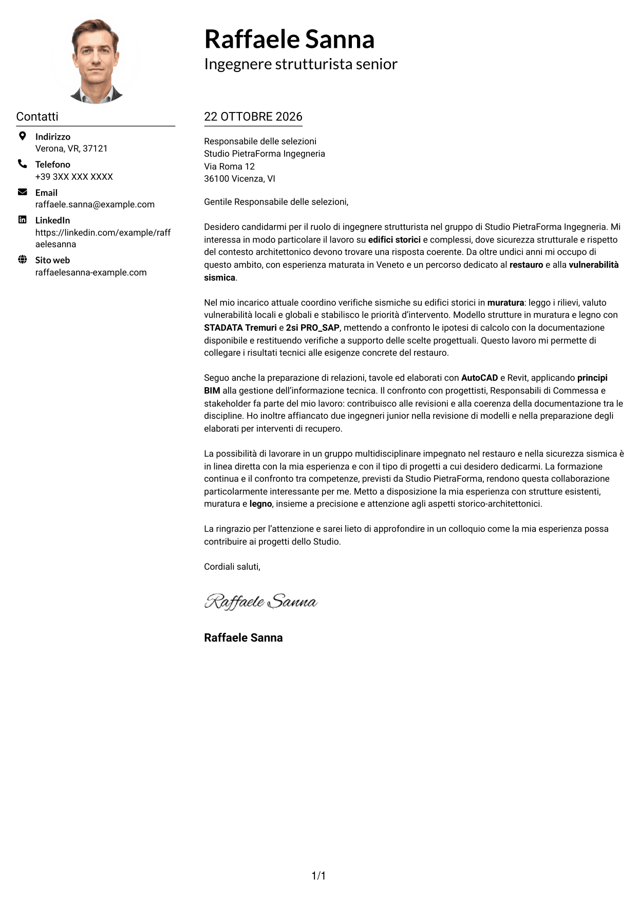 Esempio di lettera di presentazione — pagina 1