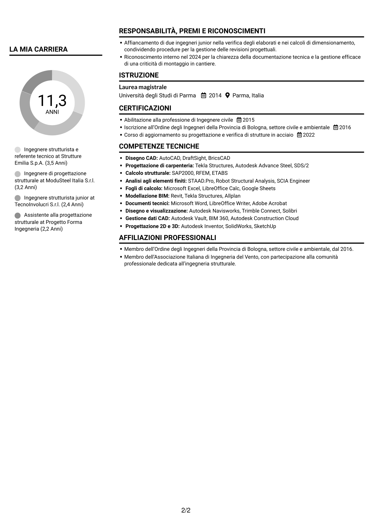 CV Compatto (formato sobrio a due colonne con foto): Ingegnere strutturista - Strutture in acciaio e costruzioni off-site, pagina 2