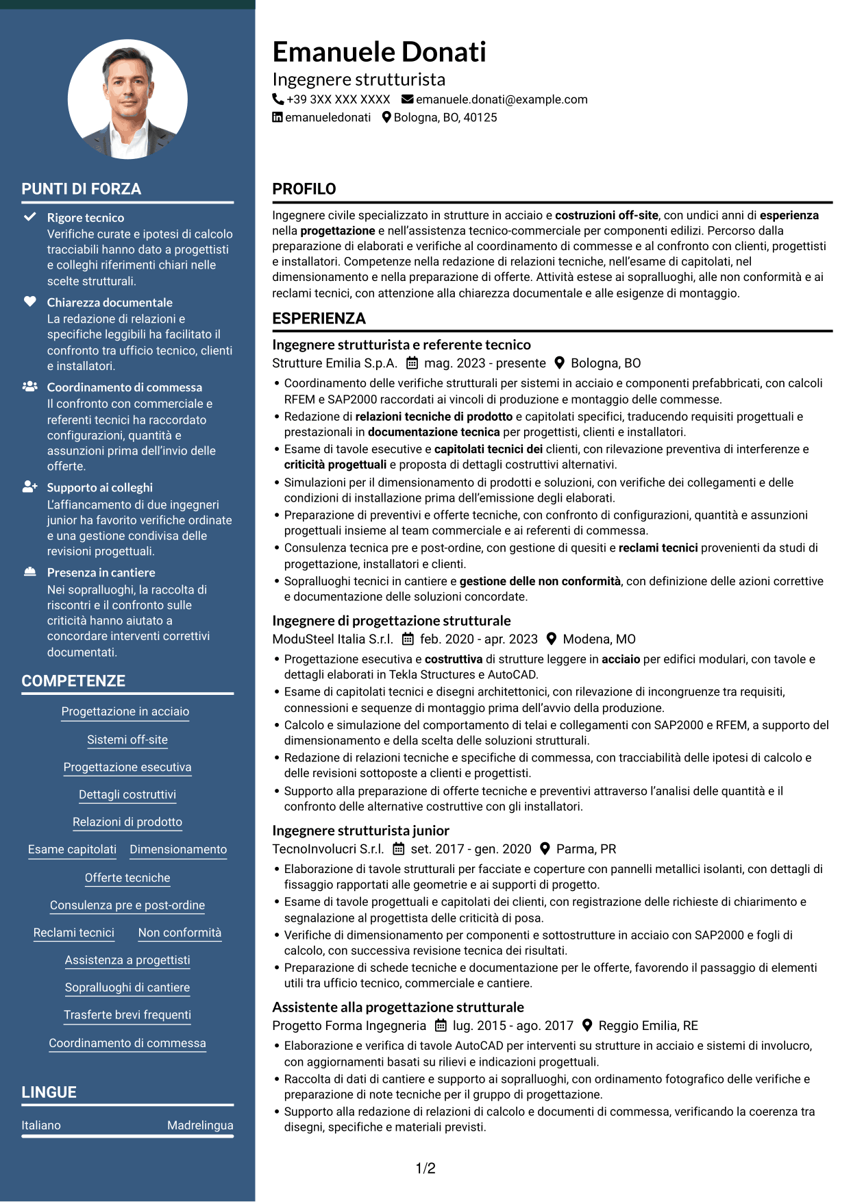 CV Elegante (formato con colonna laterale colorata e foto): Ingegnere strutturista - Strutture in acciaio e costruzioni off-site, pagina 1