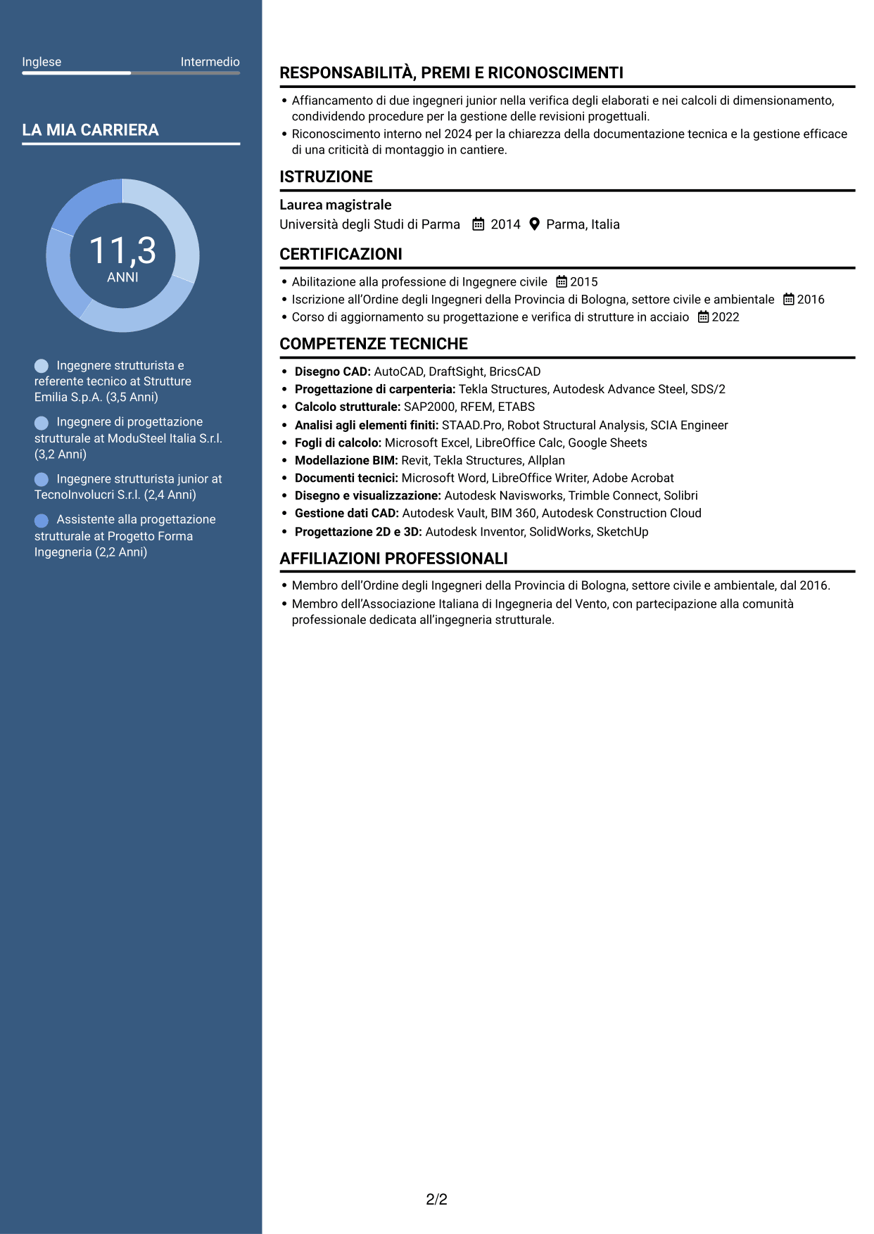 CV Elegante (formato con colonna laterale colorata e foto): Ingegnere strutturista - Strutture in acciaio e costruzioni off-site, pagina 2