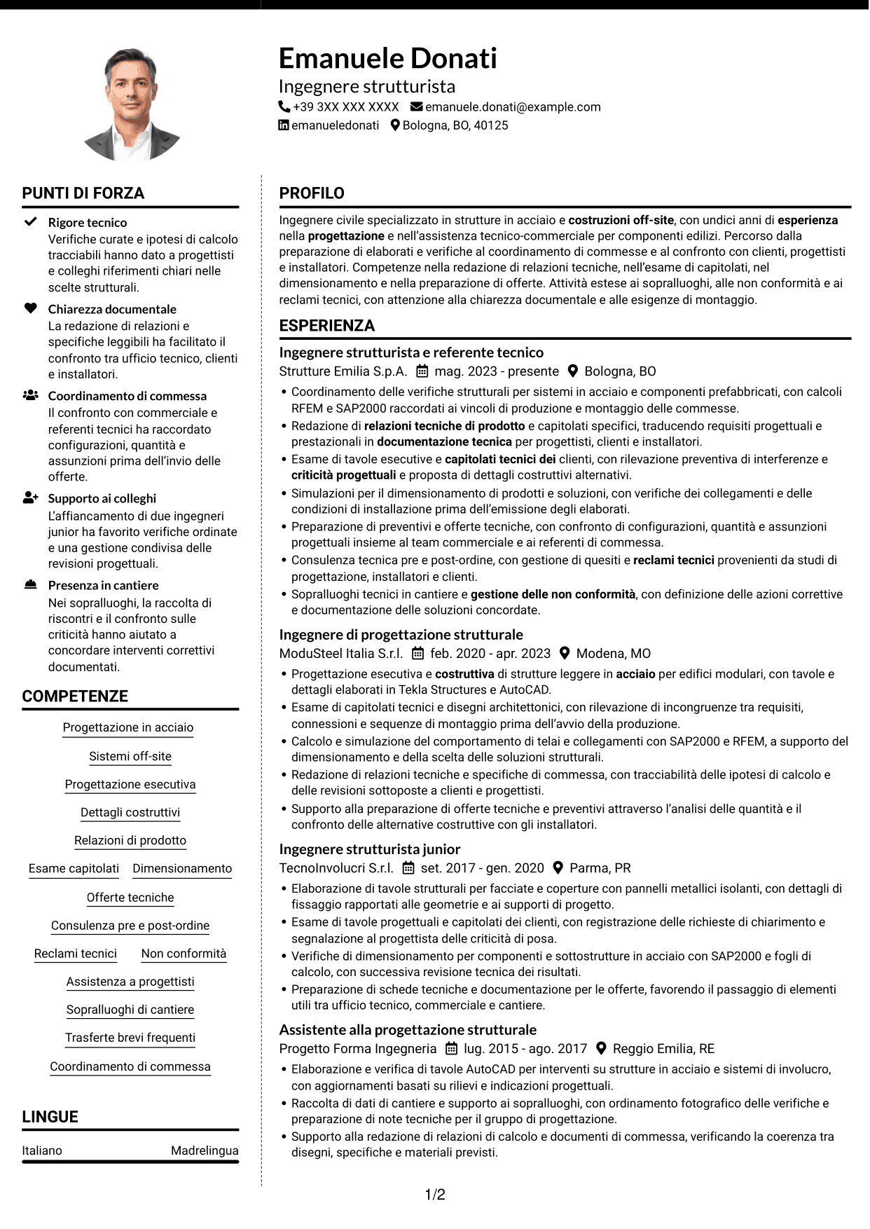 CV Moderno (formato a due colonne con foto a sinistra e separatore): Ingegnere strutturista - Strutture in acciaio e costruzioni off-site, pagina 1