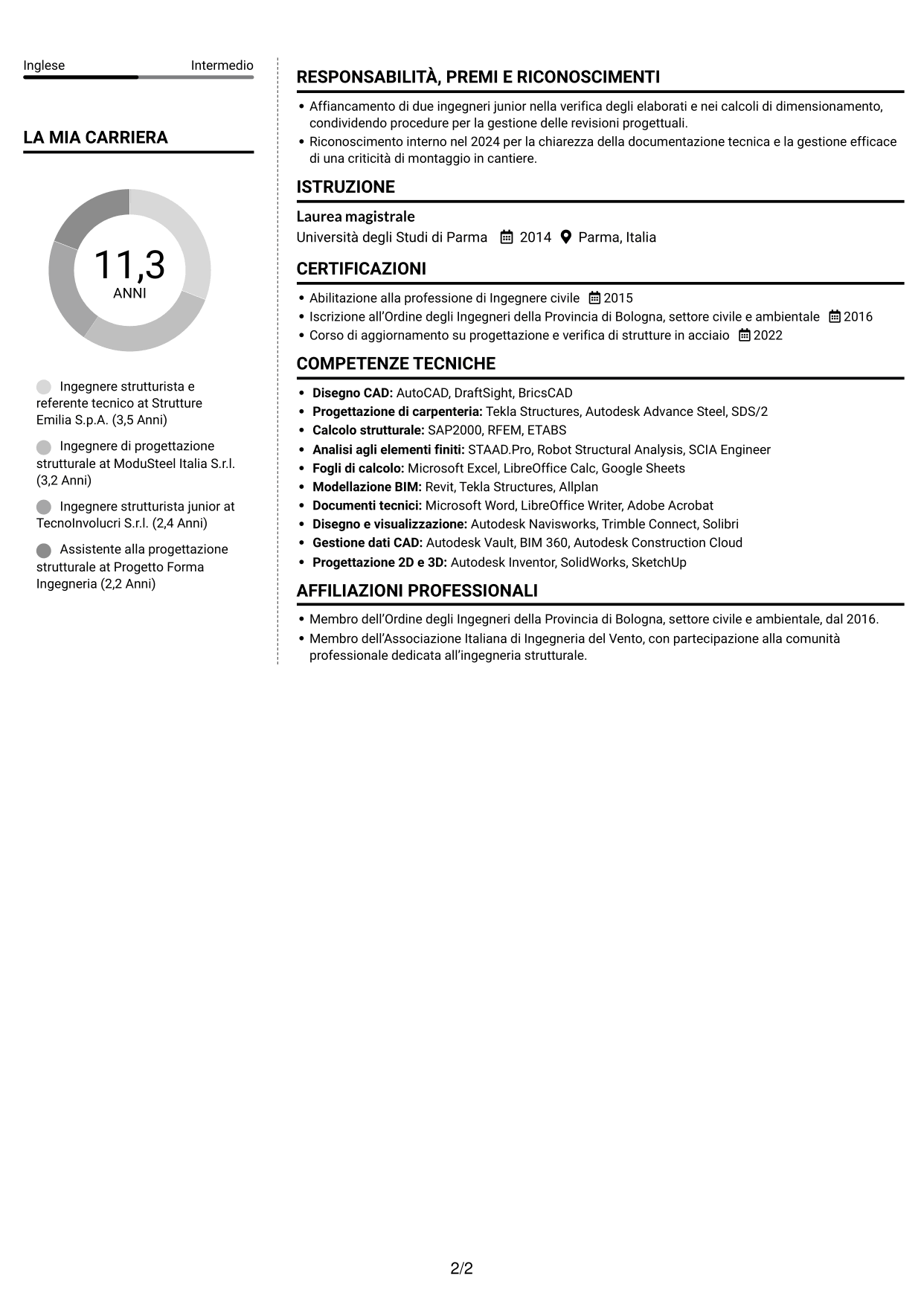 CV Moderno (formato a due colonne con foto a sinistra e separatore): Ingegnere strutturista - Strutture in acciaio e costruzioni off-site, pagina 2