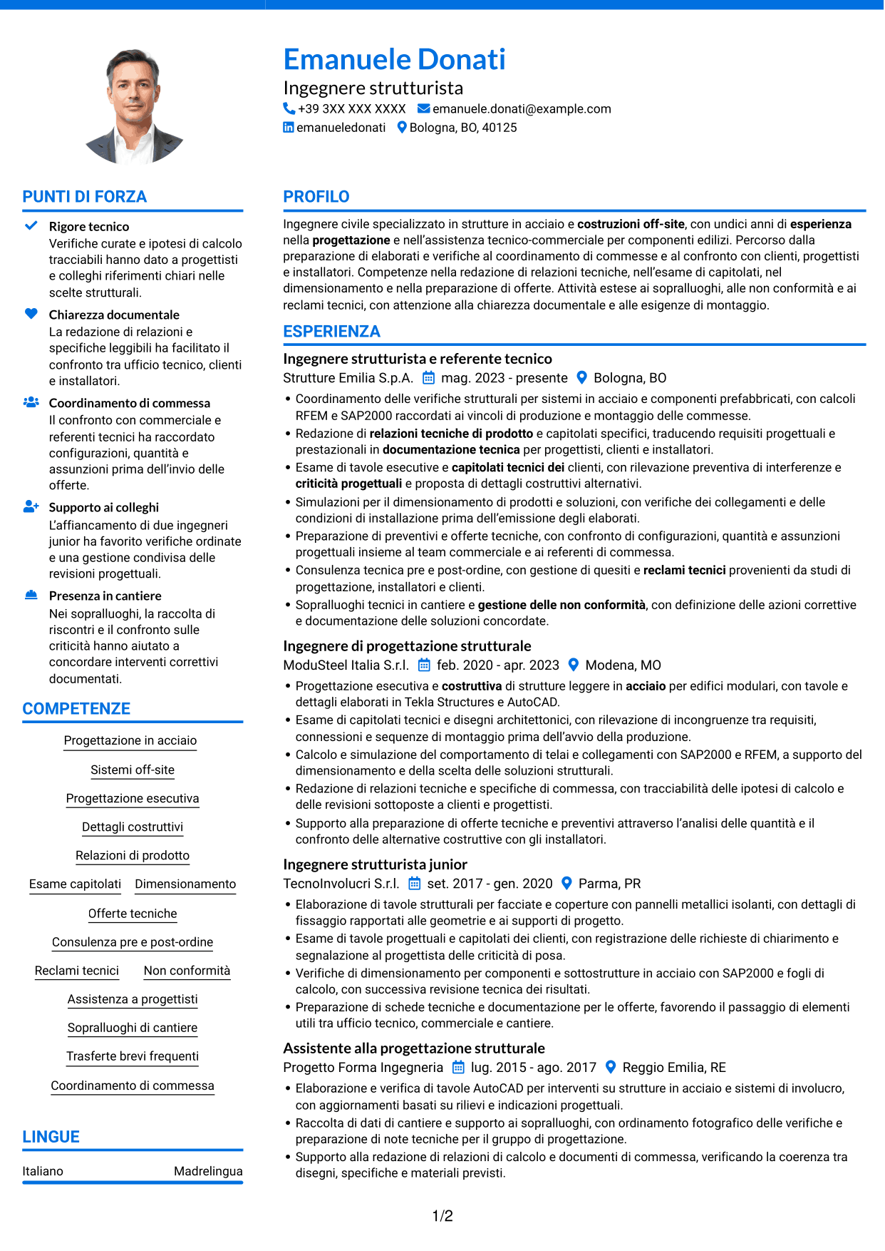 CV Audace (formato a due colonne con accenti colorati e foto): Ingegnere strutturista - Strutture in acciaio e costruzioni off-site, pagina 1