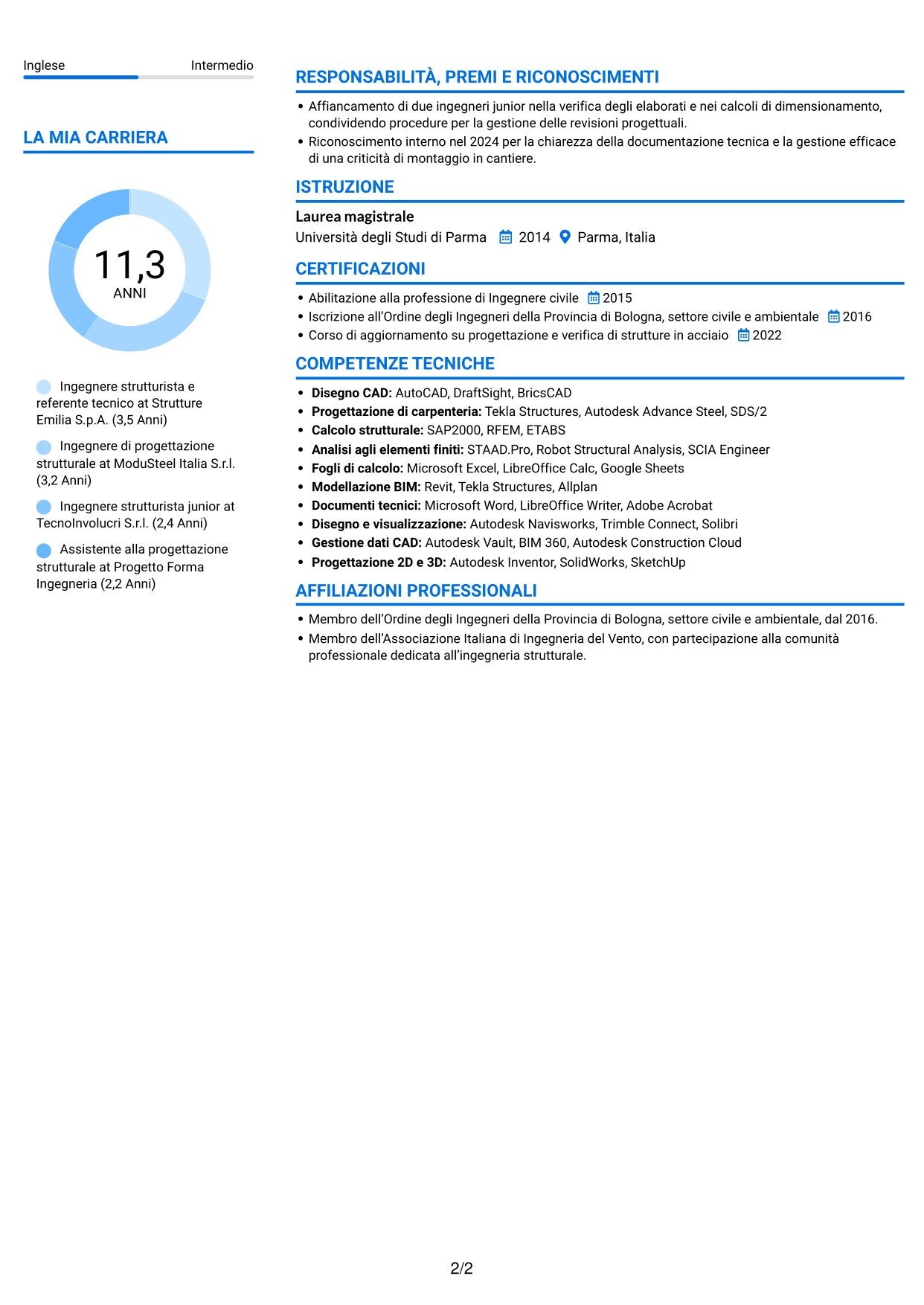 CV Audace (formato a due colonne con accenti colorati e foto): Ingegnere strutturista - Strutture in acciaio e costruzioni off-site, pagina 2