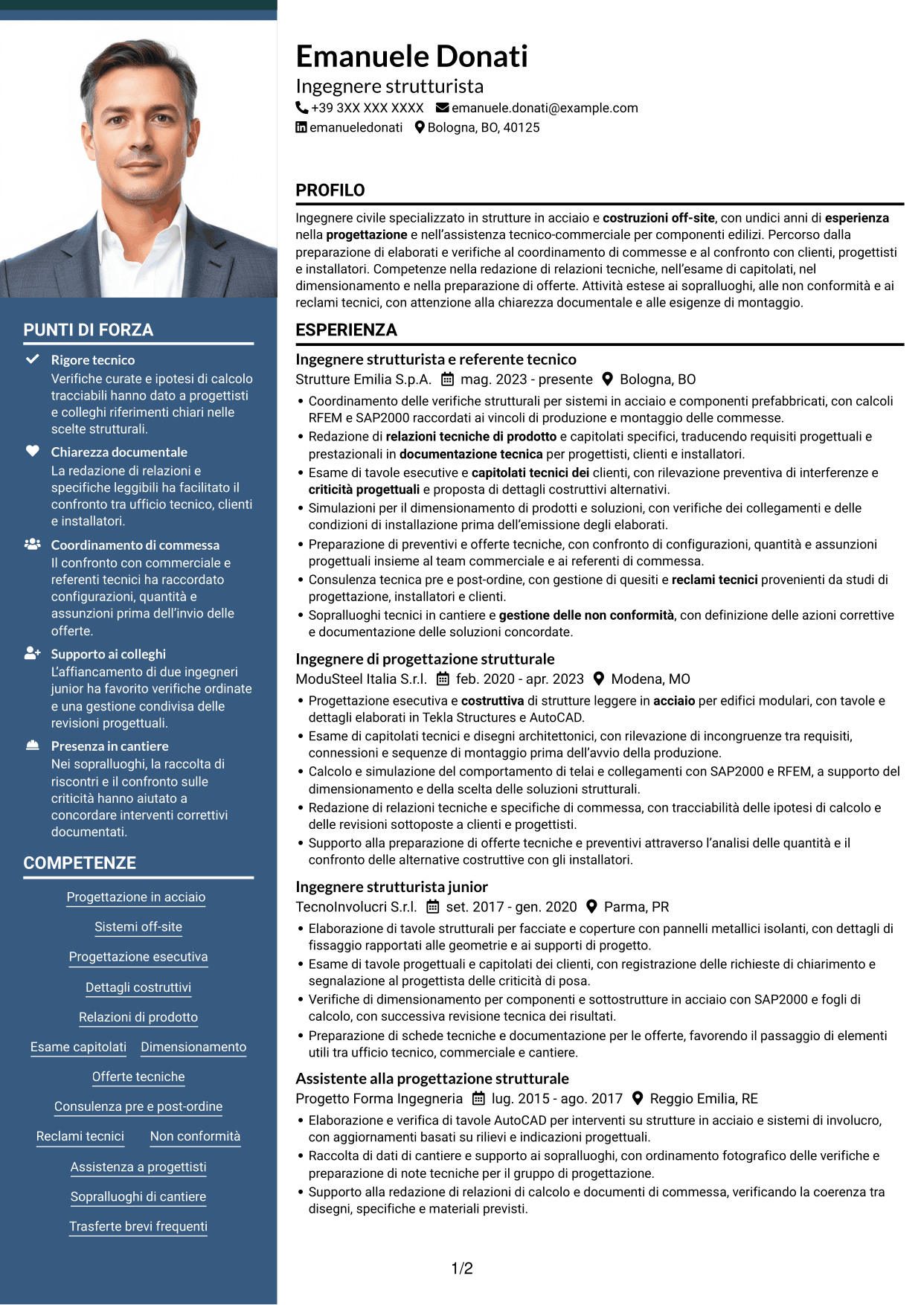 CV Signature (formato con colonna laterale colorata e foto grande): Ingegnere strutturista - Strutture in acciaio e costruzioni off-site, pagina 1
