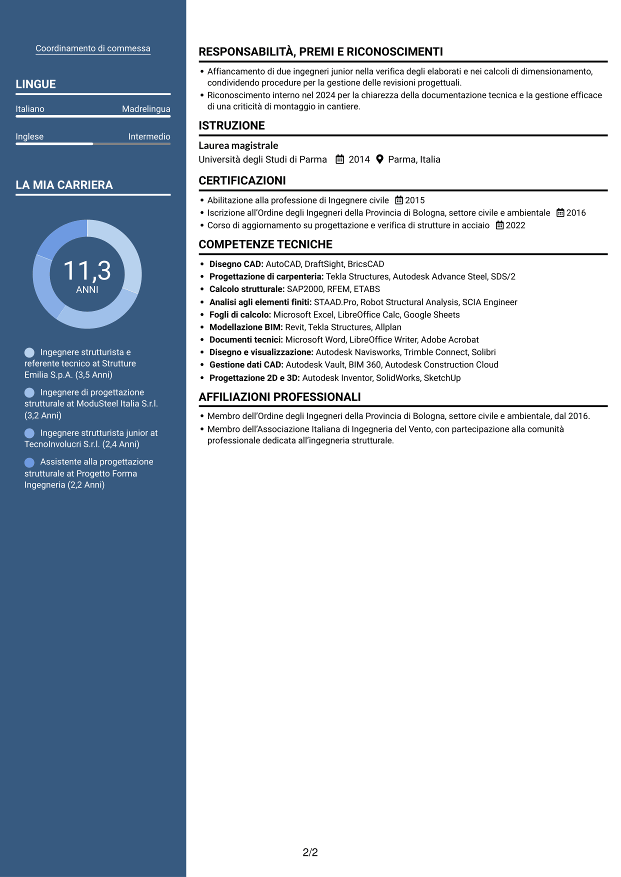 CV Signature (formato con colonna laterale colorata e foto grande): Ingegnere strutturista - Strutture in acciaio e costruzioni off-site, pagina 2