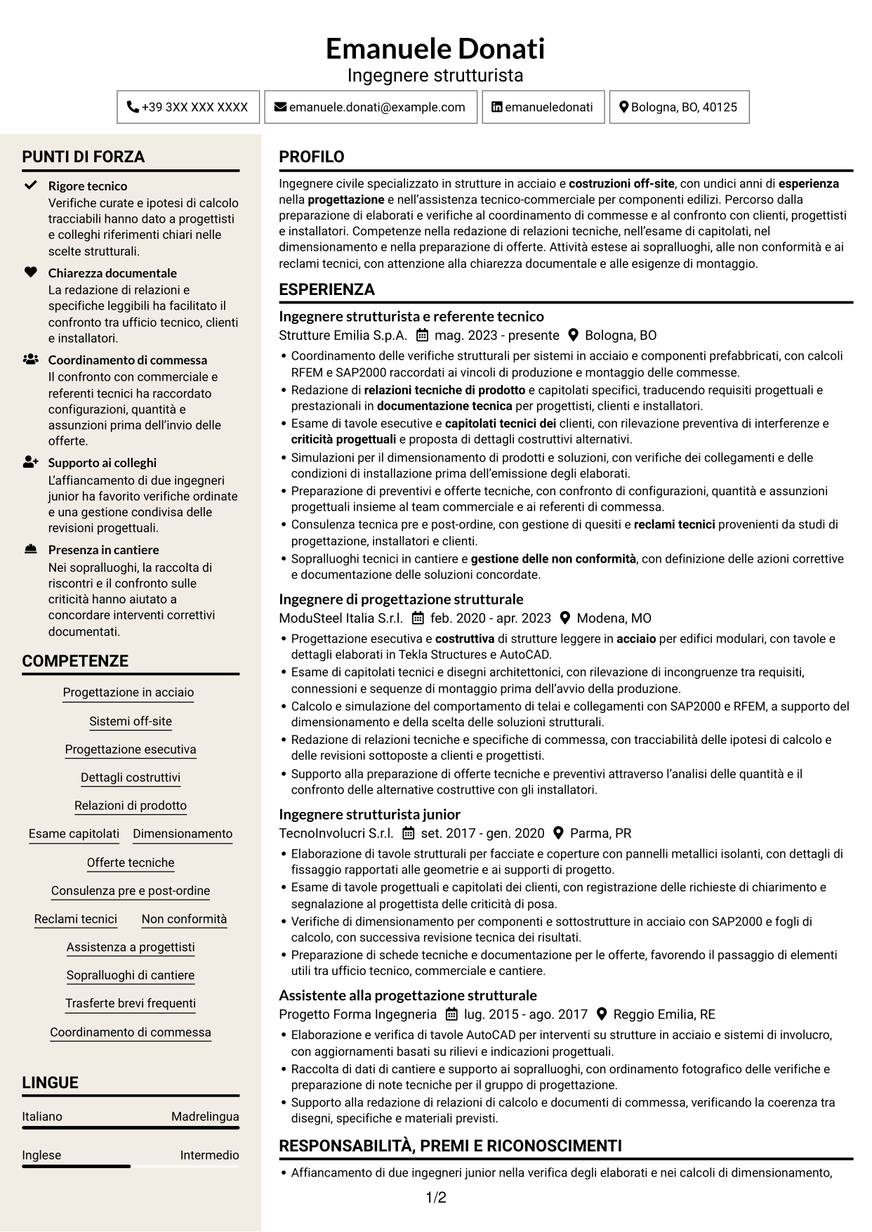 CV Intraprendente (formato a due colonne con intestazione centrata senza foto): Ingegnere strutturista - Strutture in acciaio e costruzioni off-site, pagina 1