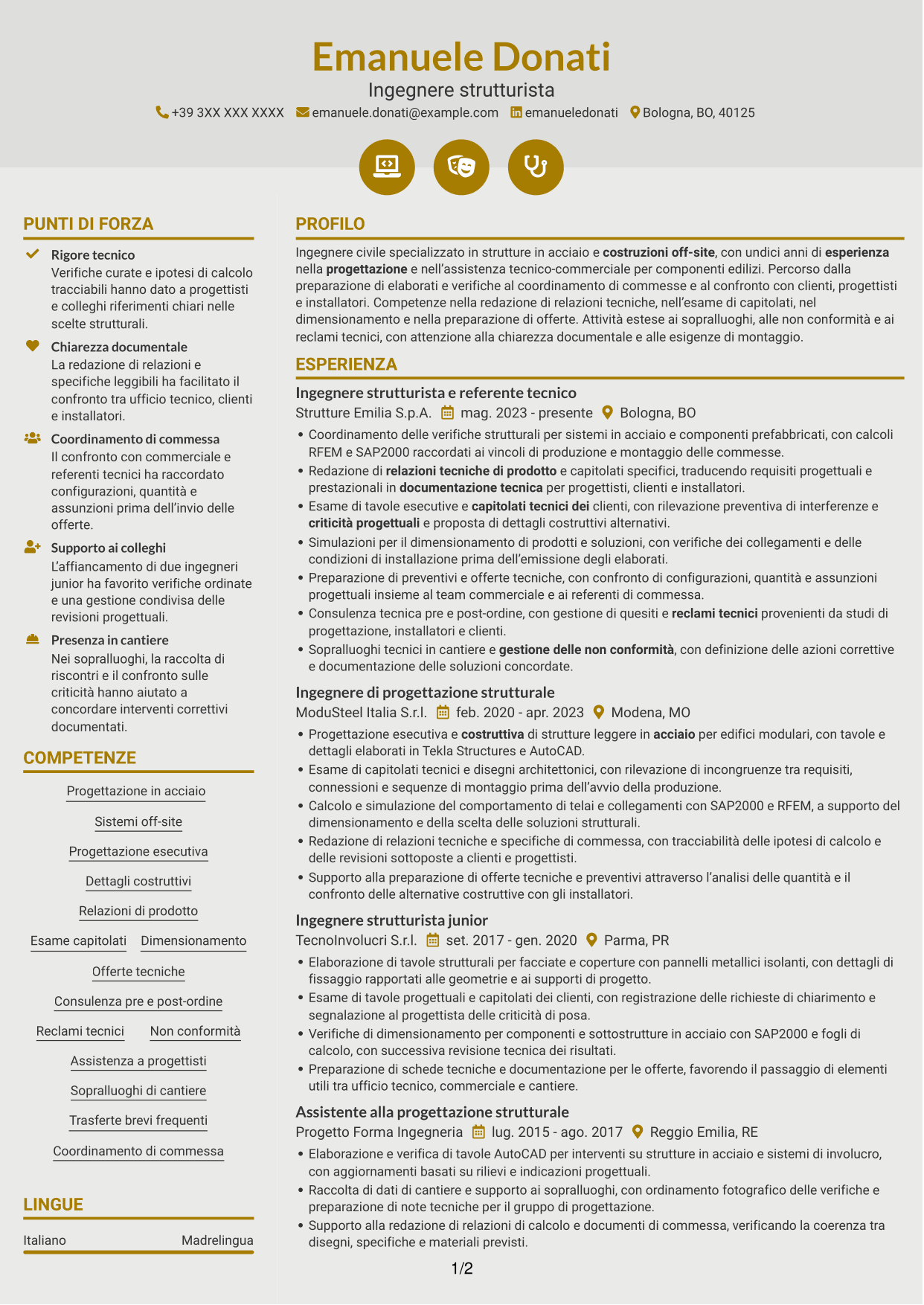 CV Dinamico (formato a due colonne con icone): Ingegnere strutturista - Strutture in acciaio e costruzioni off-site, pagina 1