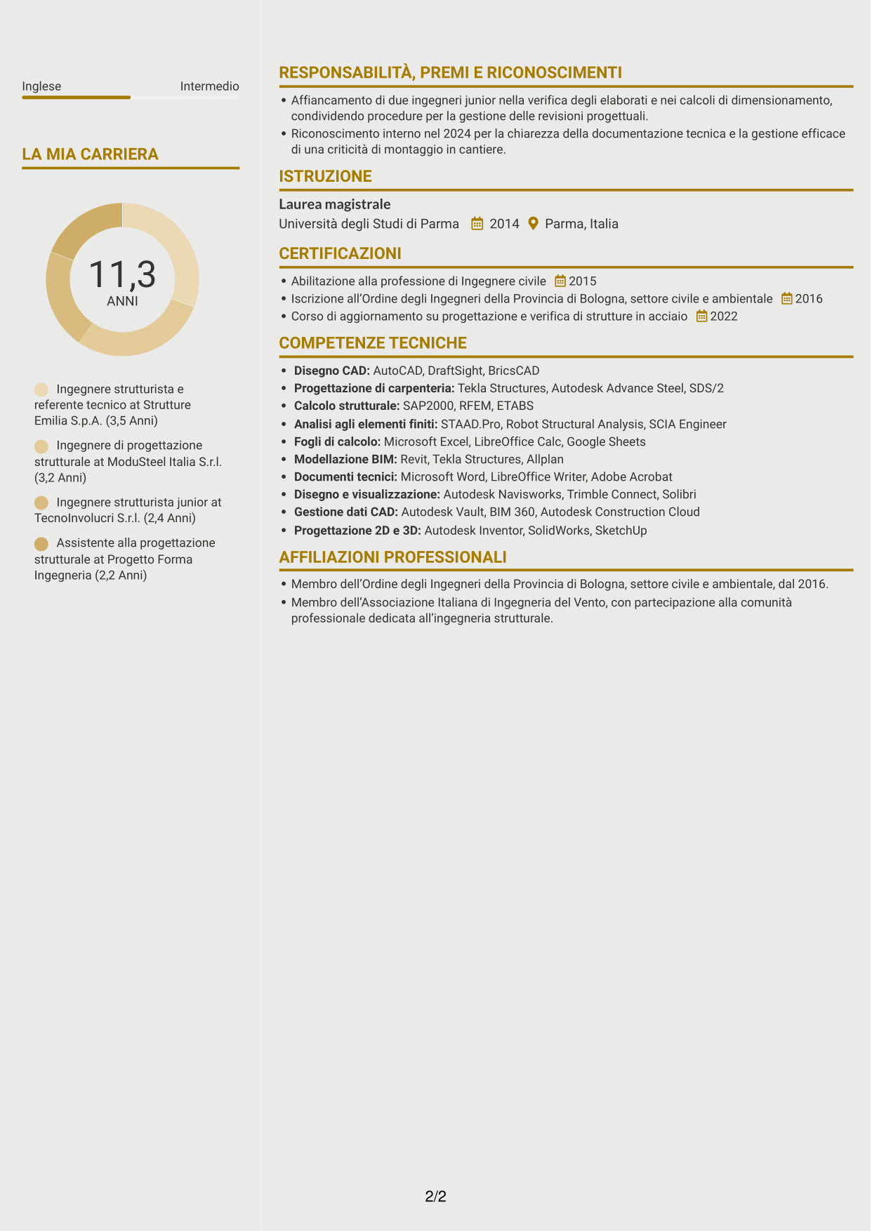 CV Dinamico (formato a due colonne con icone): Ingegnere strutturista - Strutture in acciaio e costruzioni off-site, pagina 2