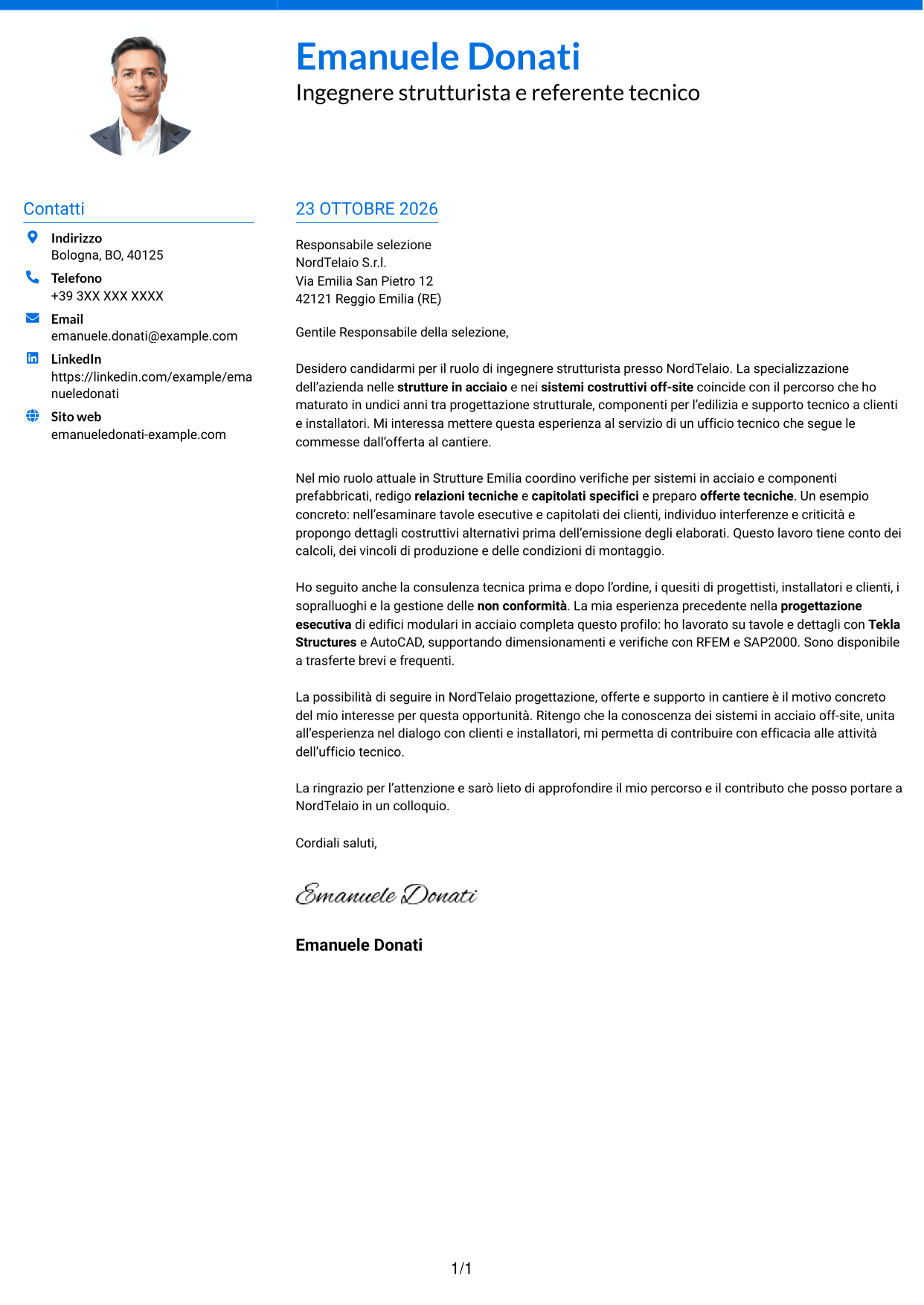 Lettera di presentazione Audace (formato a due colonne con accenti colorati e foto): Ingegnere strutturista - Strutture in acciaio e costruzioni off-site, pagina 1