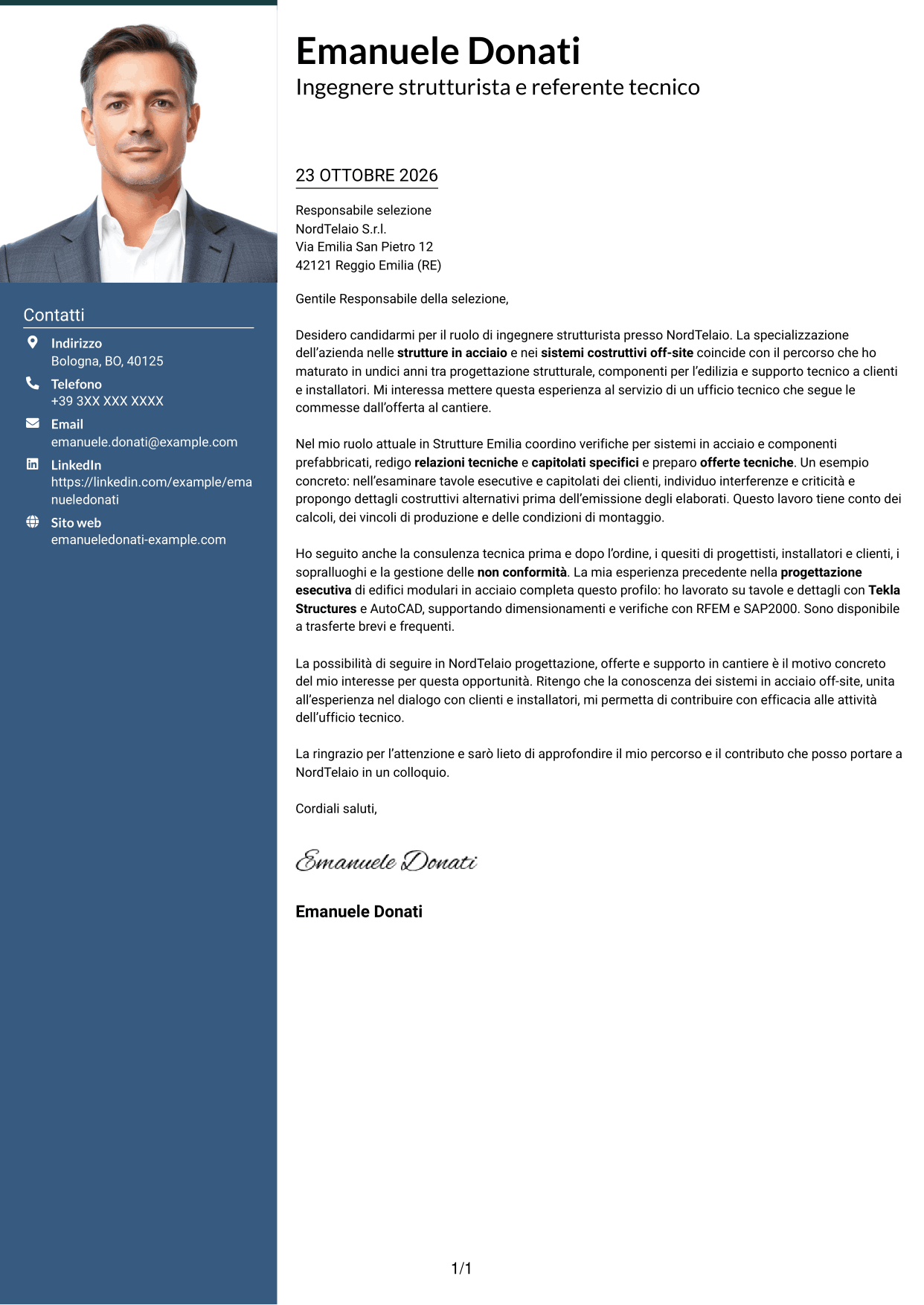 Lettera di presentazione Signature (formato con colonna laterale colorata e foto grande): Ingegnere strutturista - Strutture in acciaio e costruzioni off-site, pagina 1