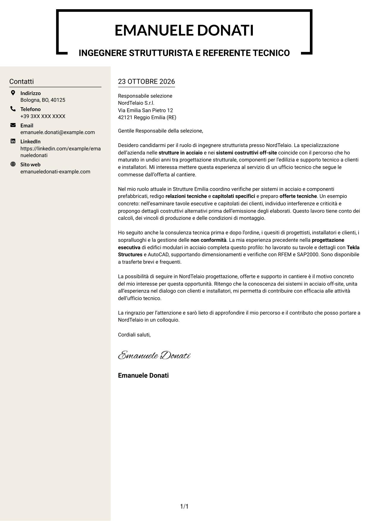 Lettera di presentazione Intraprendente (formato a due colonne con intestazione centrata senza foto): Ingegnere strutturista - Strutture in acciaio e costruzioni off-site, pagina 1