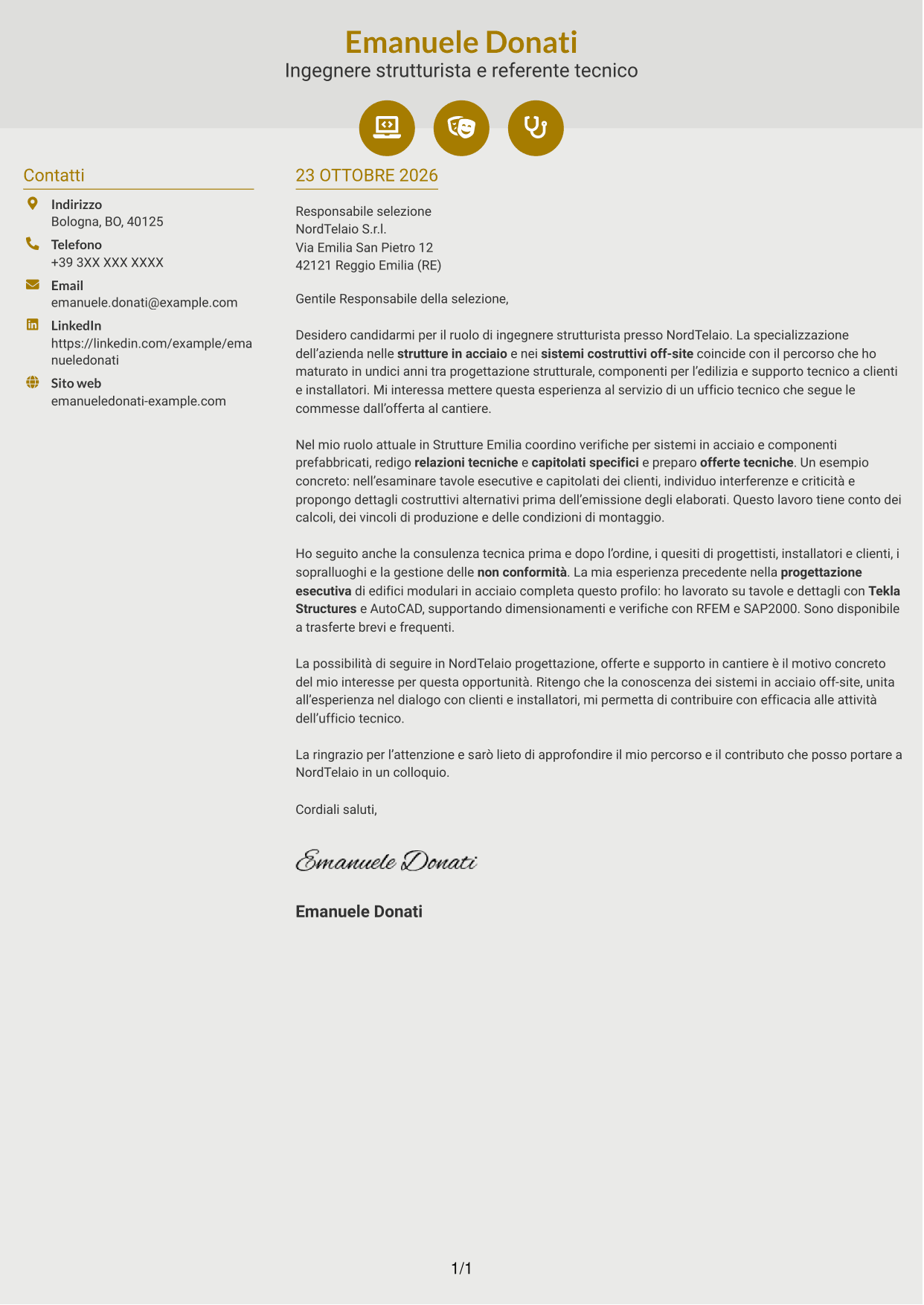 Lettera di presentazione Dinamico (formato a due colonne con icone): Ingegnere strutturista - Strutture in acciaio e costruzioni off-site, pagina 1
