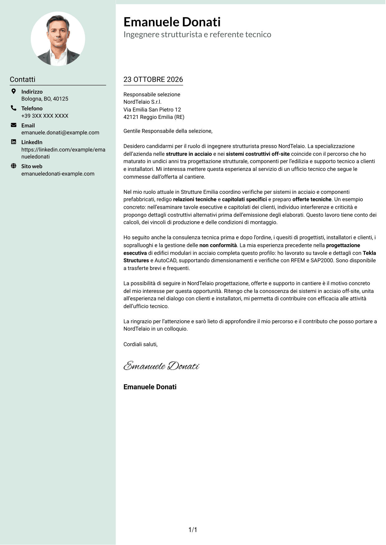 Lettera di presentazione Dirigente (formato con colonna laterale tenue e foto arrotondata): Ingegnere strutturista - Strutture in acciaio e costruzioni off-site, pagina 1