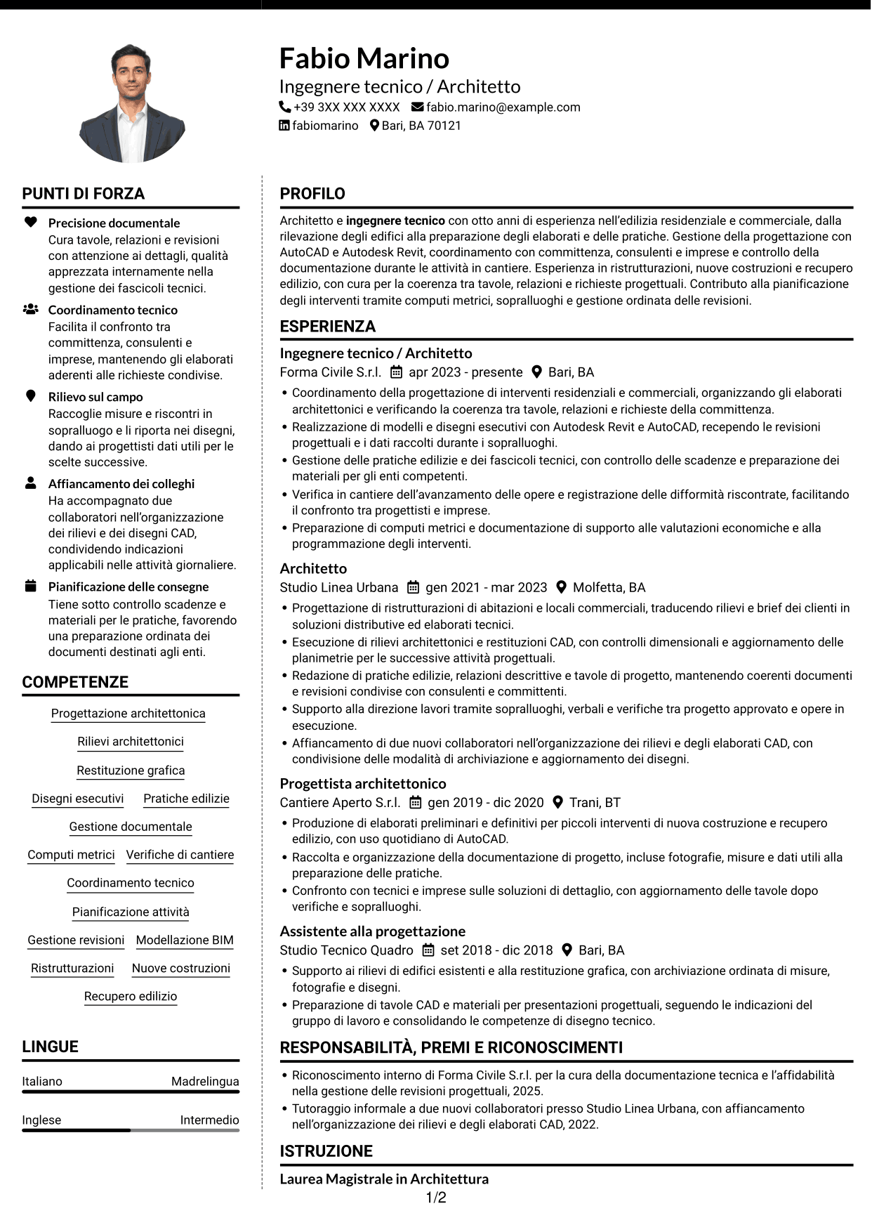 CV Moderno (formato a due colonne con foto a sinistra e separatore): Ingegnere Tecnico / Architetto, pagina 1