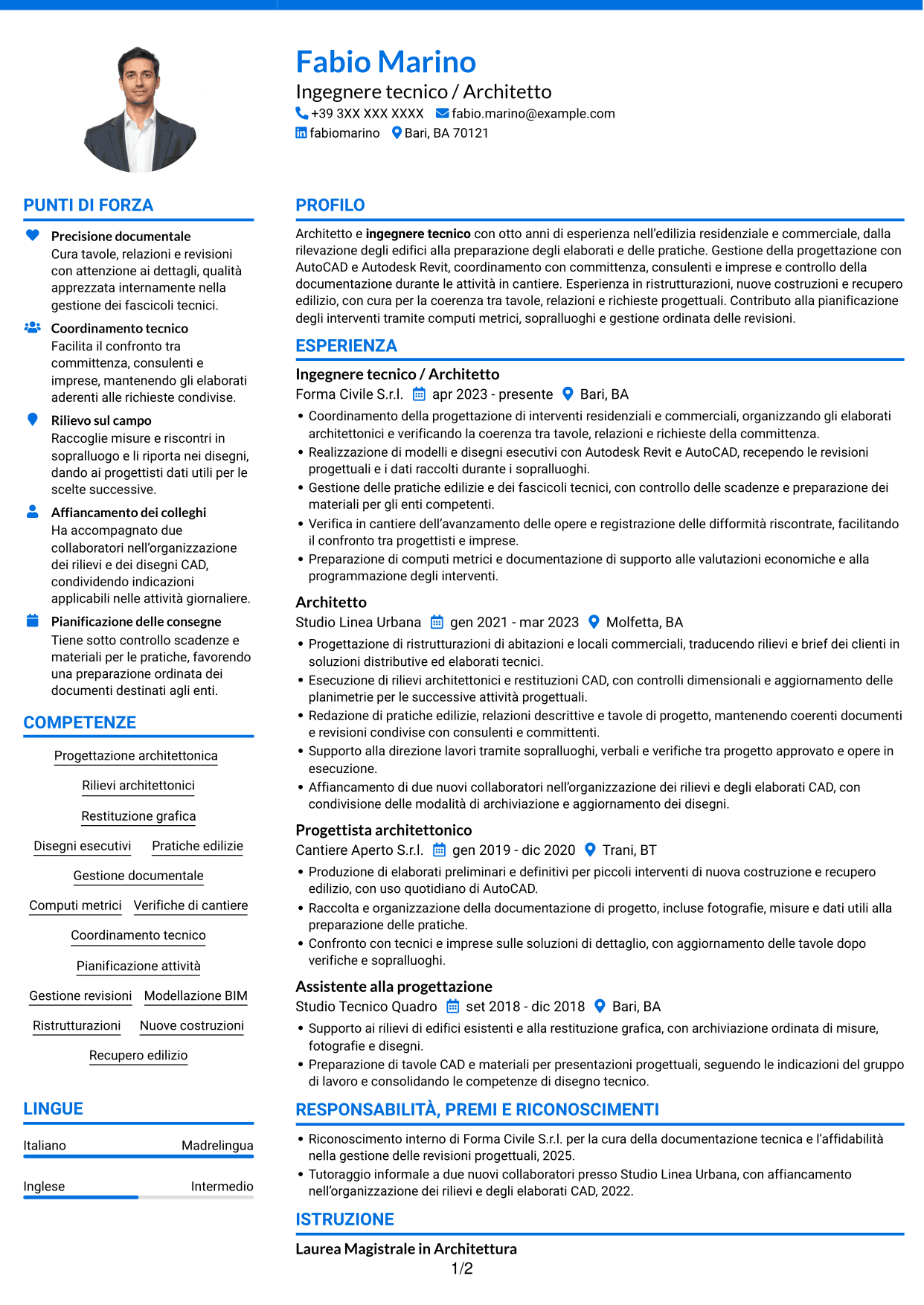 CV Audace (formato a due colonne con accenti colorati e foto): Ingegnere Tecnico / Architetto, pagina 1