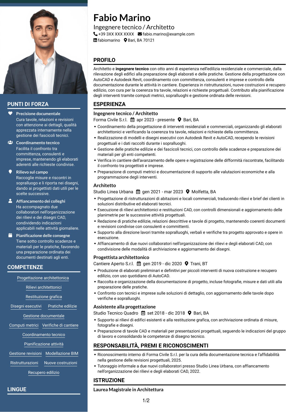 CV Signature (formato con colonna laterale colorata e foto grande): Ingegnere Tecnico / Architetto, pagina 1