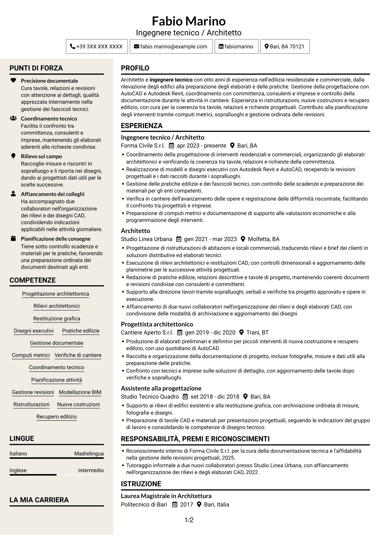 CV Intraprendente (formato a due colonne con intestazione centrata senza foto): Ingegnere Tecnico / Architetto, pagina 1