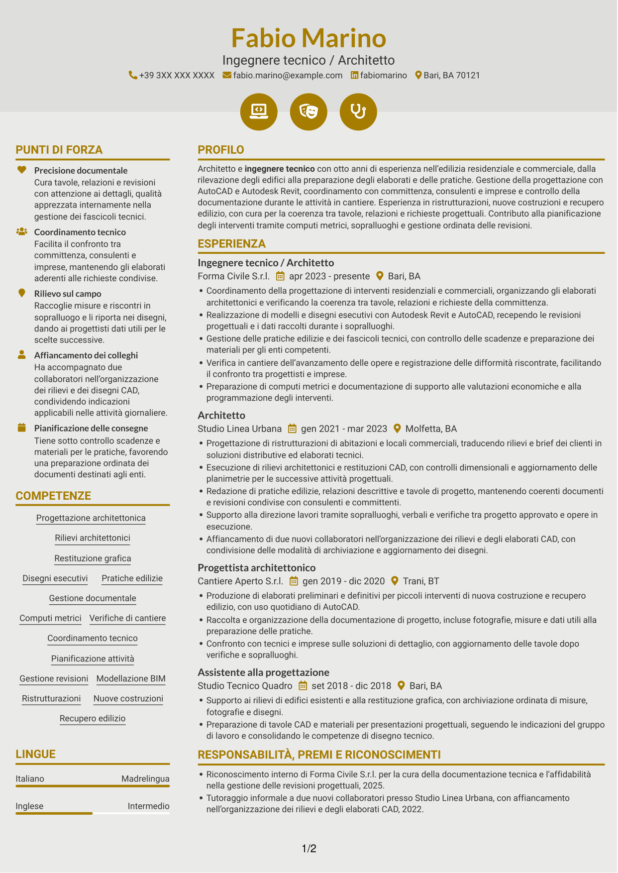 CV Dinamico (formato a due colonne con icone): Ingegnere Tecnico / Architetto, pagina 1