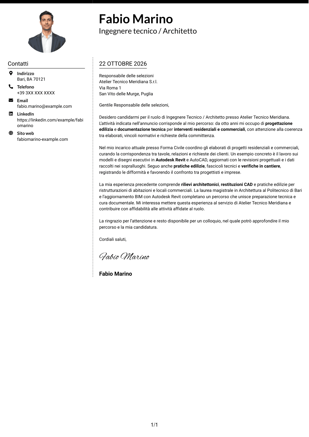 Lettera di presentazione Moderno (formato a due colonne con foto a sinistra e separatore): Ingegnere Tecnico / Architetto, pagina 1