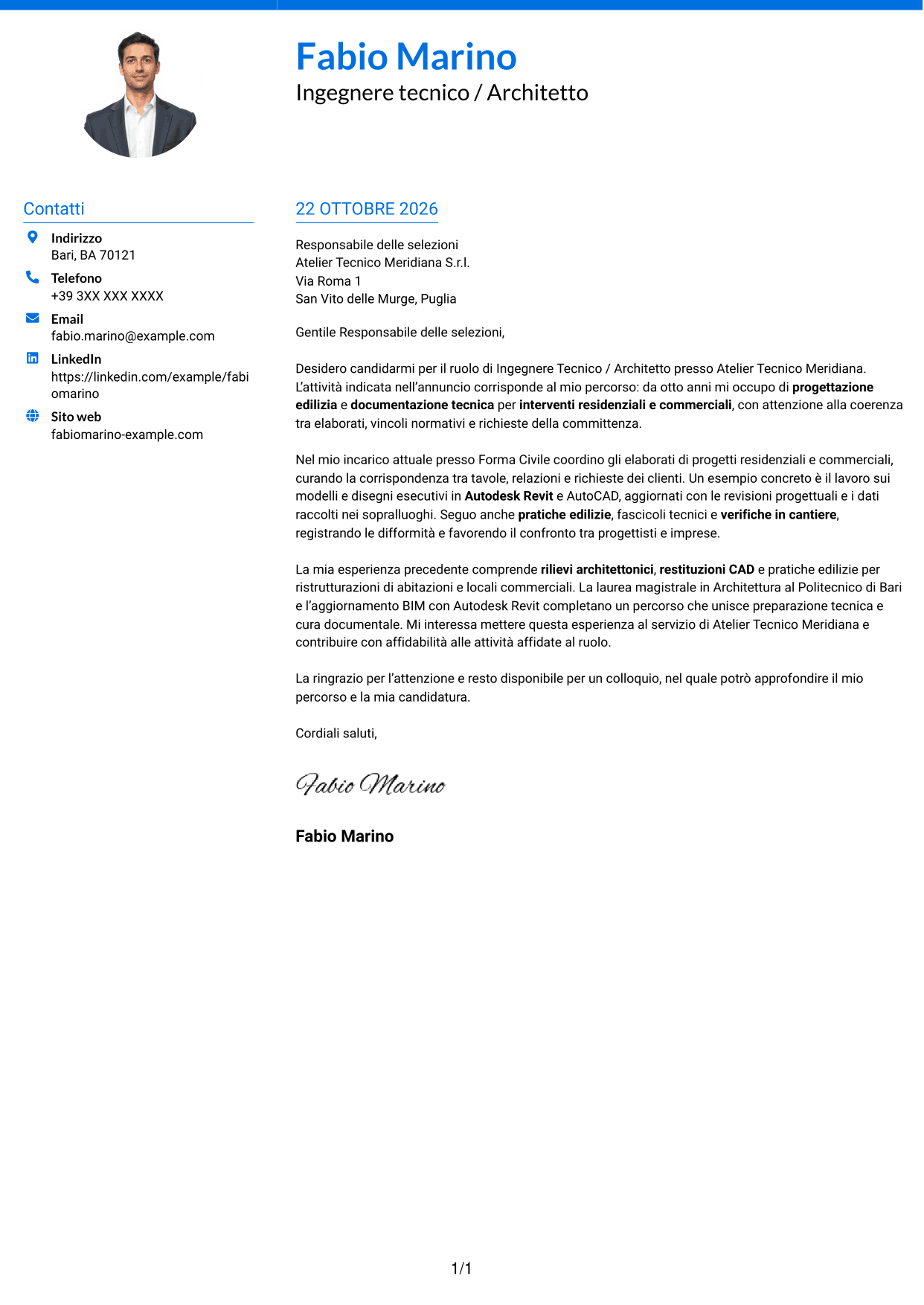 Lettera di presentazione Audace (formato a due colonne con accenti colorati e foto): Ingegnere Tecnico / Architetto, pagina 1