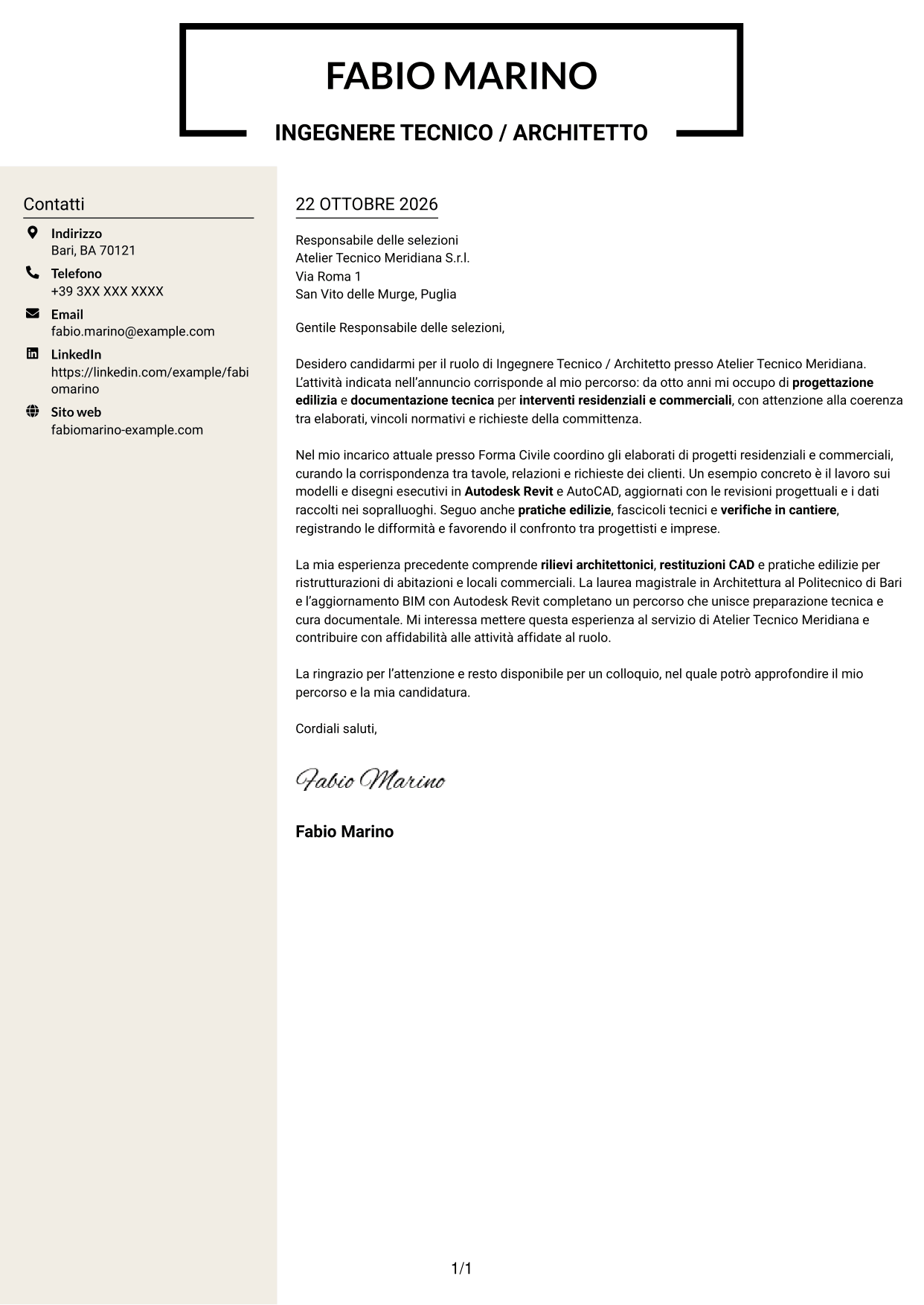 Lettera di presentazione Intraprendente (formato a due colonne con intestazione centrata senza foto): Ingegnere Tecnico / Architetto, pagina 1